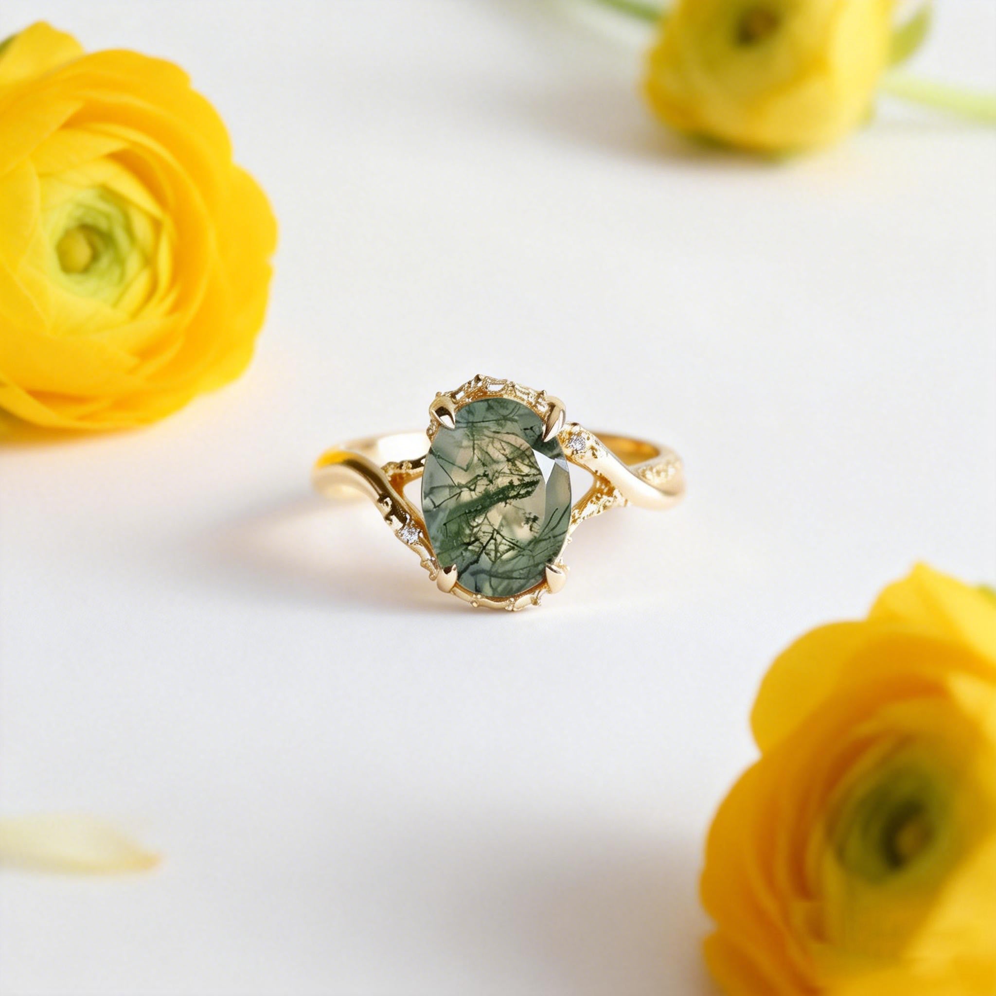 Mirelle Solid Gold Oval Moss Agate Engagement Ring