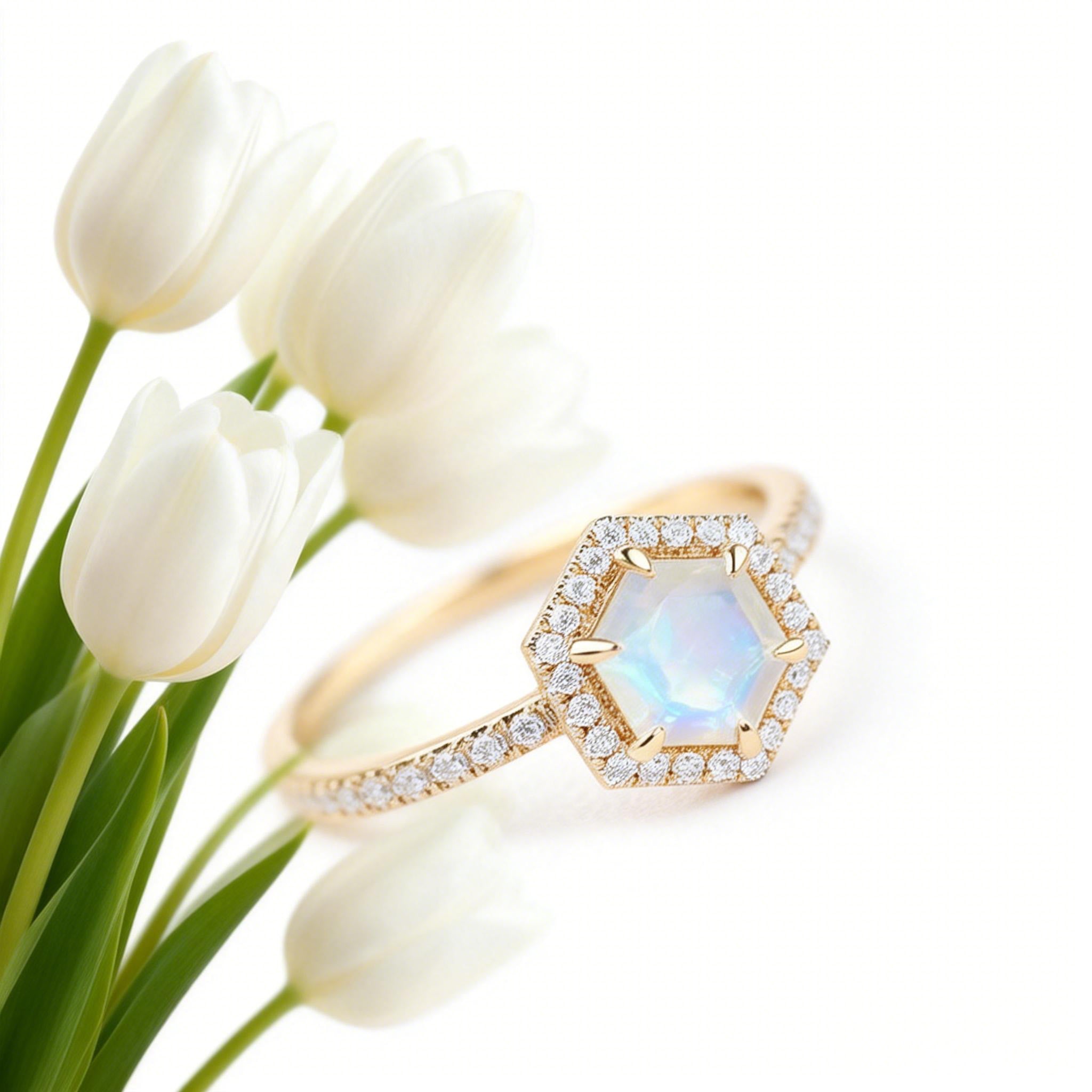 Vintage Hexagon Moonstone & Moissantie Halo Ring
