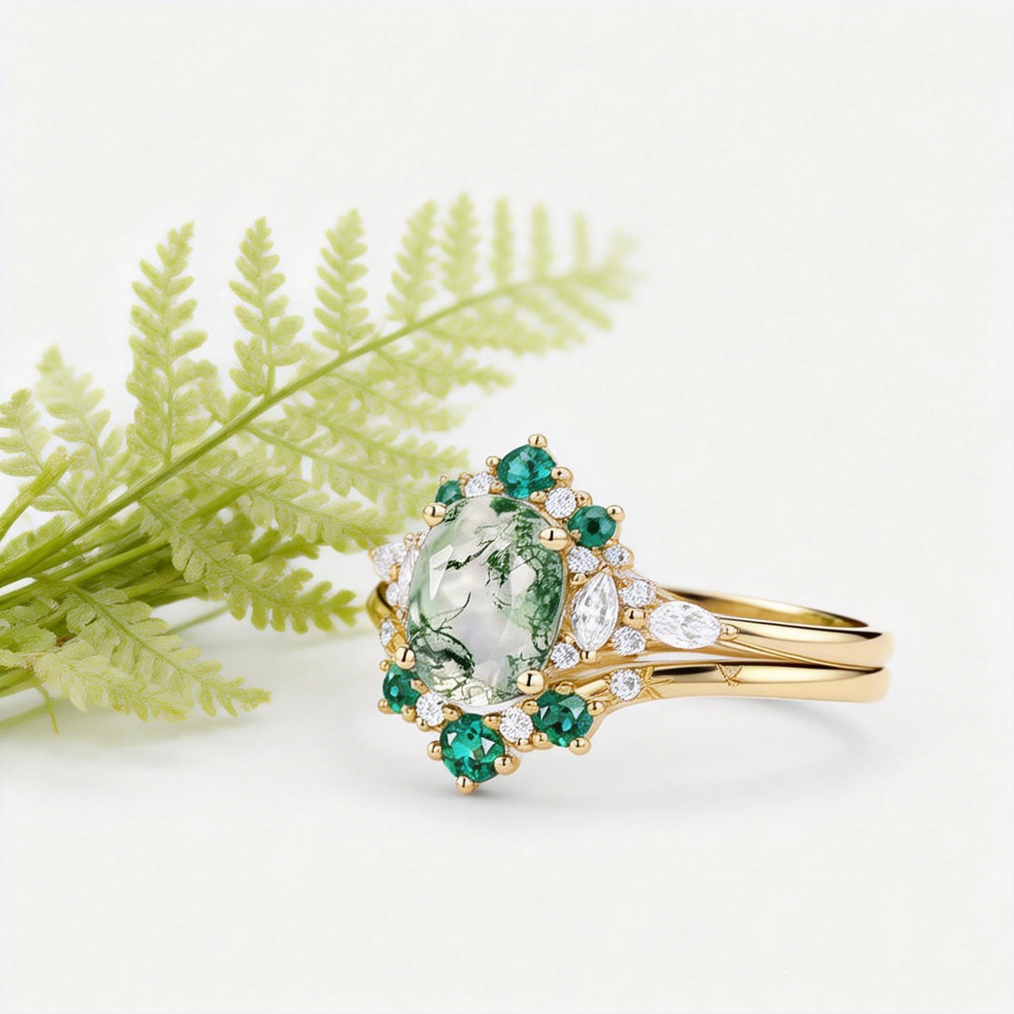 Natural Oval Cut Moss Agate & Lab Emerald Engagement Ring Sets 2pcs