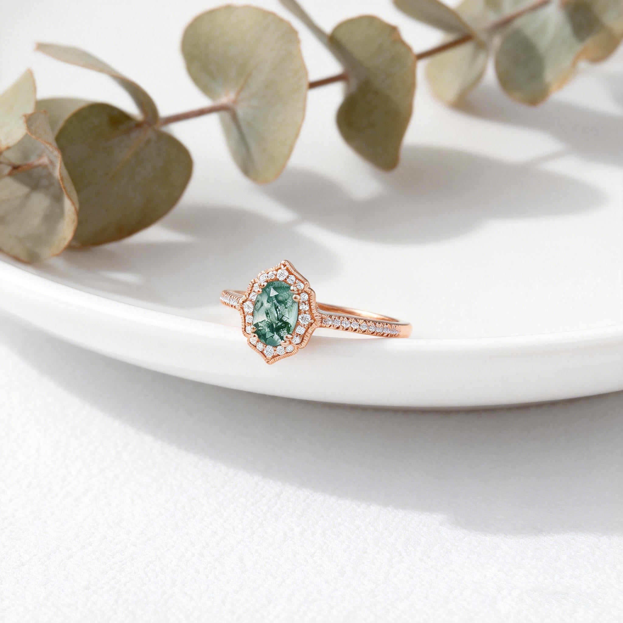 Oval Moss Agate White Gold Antique Halo Engagement Ring