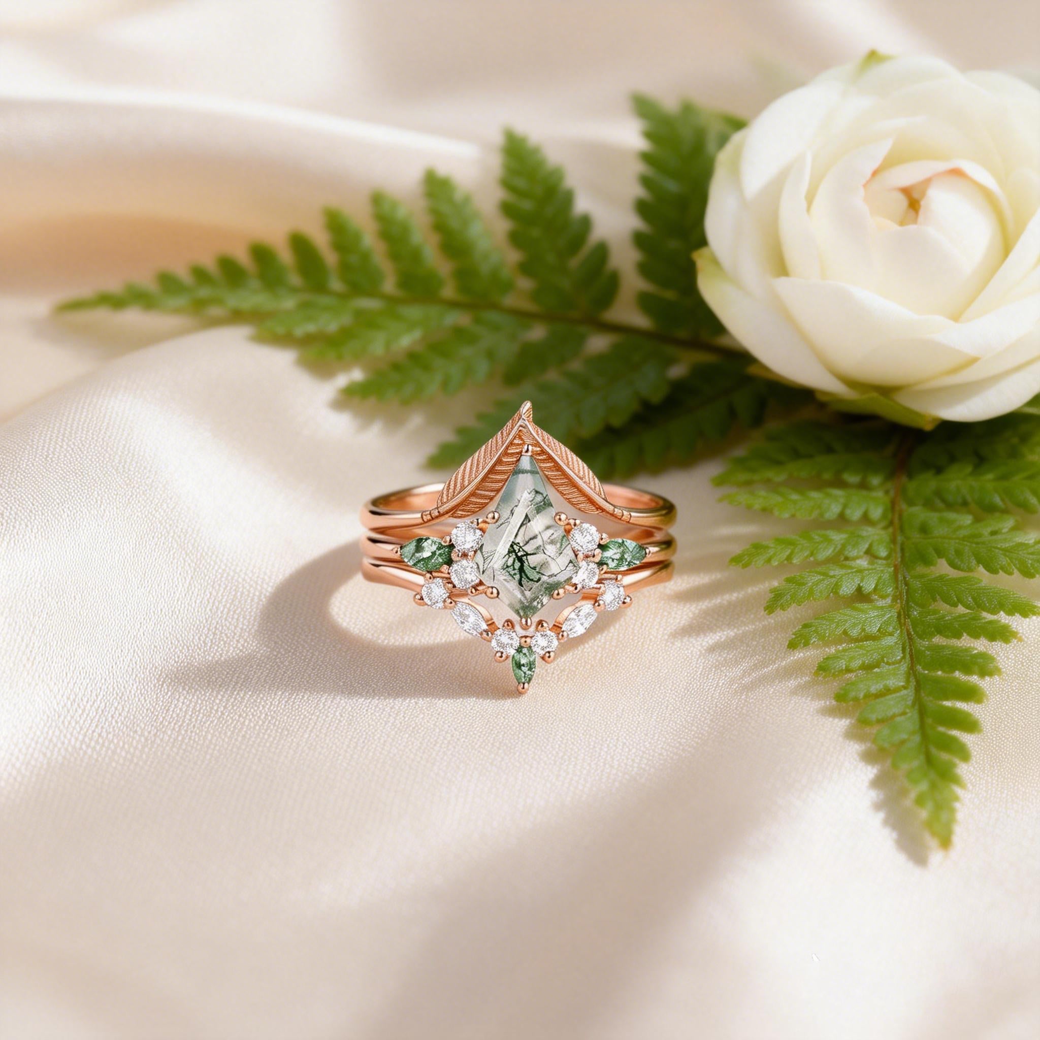 Kite Cut Moss Agate Pearl Stacking Engagement Ring Set 2pcs