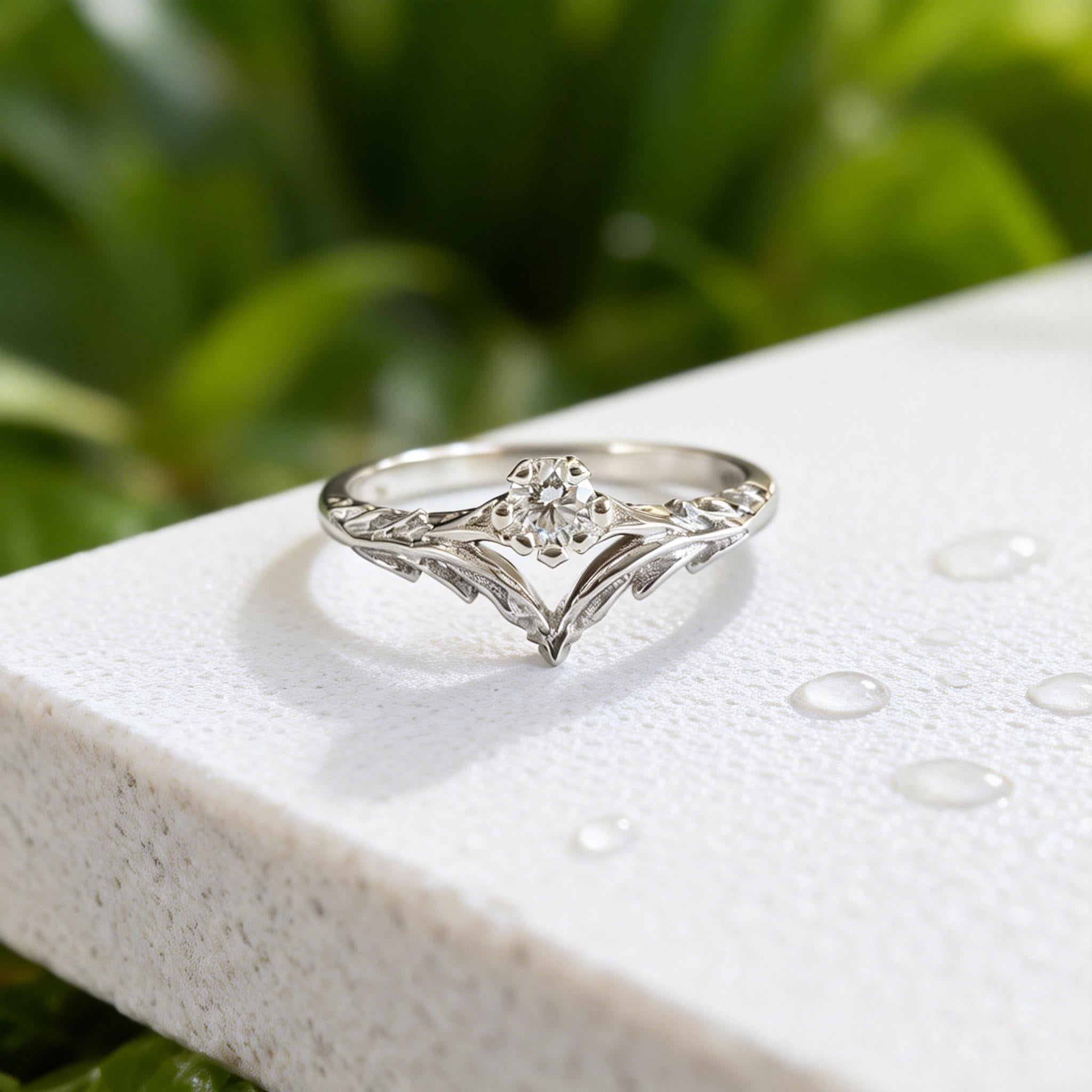 Angel’s Wing | V-Shaped Leaf Moissanite Solitaire Wedding Band