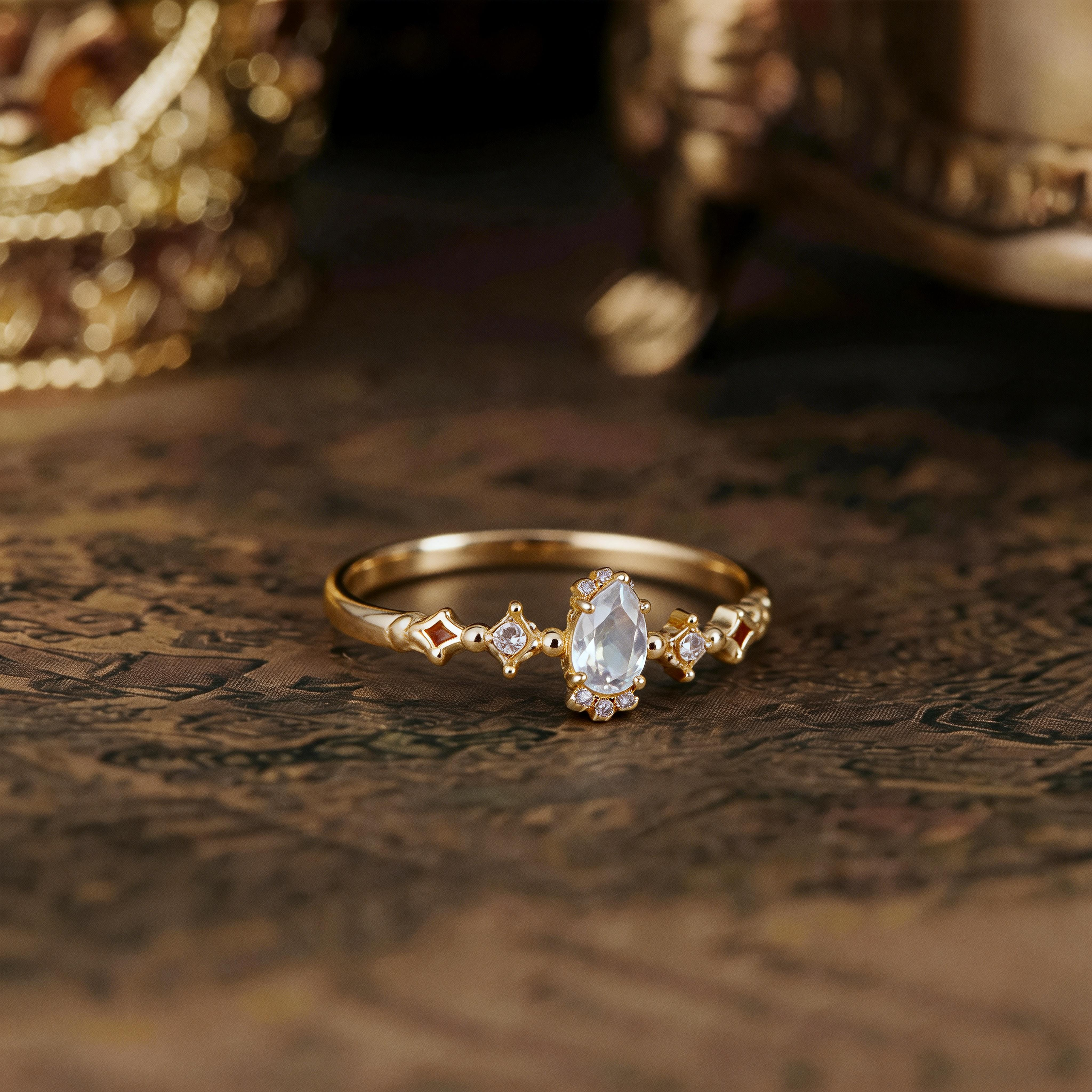 925 Sterling Silver Gold Plated Natural Blue Moonstone Ring for Women, Limited First Snow & Snow Dance Crystal Ring