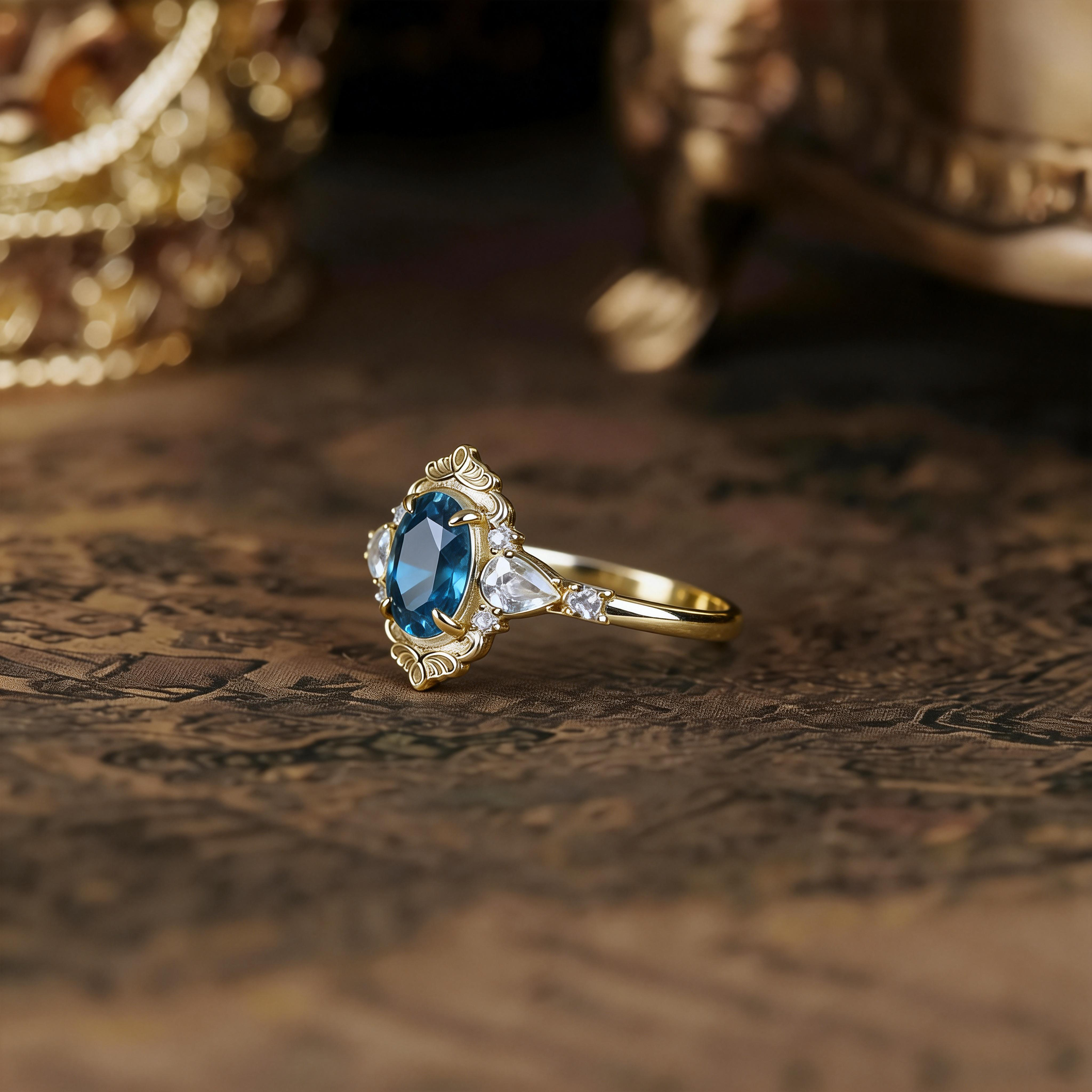 Fashion Light Luxury London Blue Topaz Ring, S925 Sterling Silver Plated 14K Gold Ring for Women