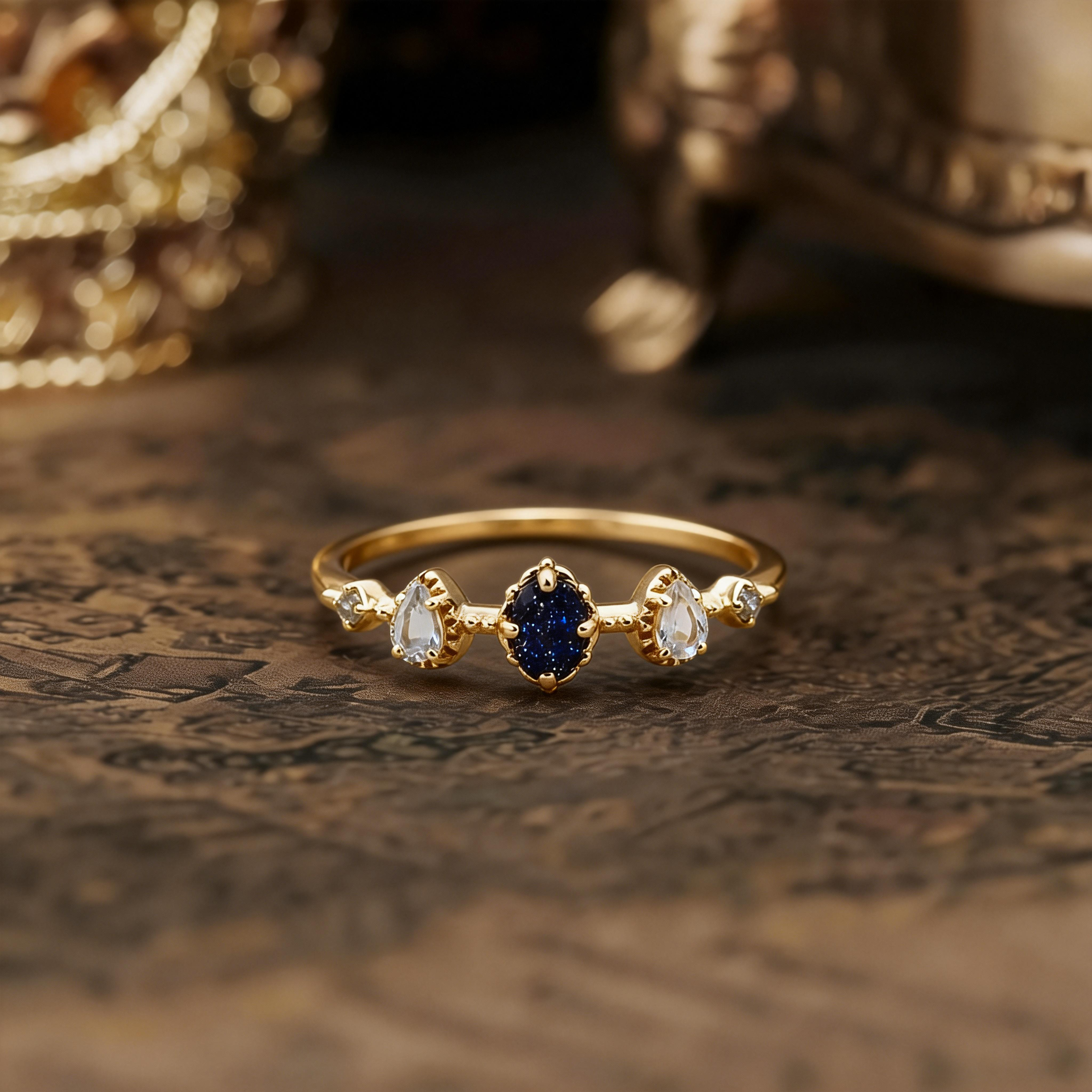 Delicate Blue Sandstone & Natural Topaz Ring, Solid 925 Sterling Silver Gold Plated Jewelry, Versatile & Stackable