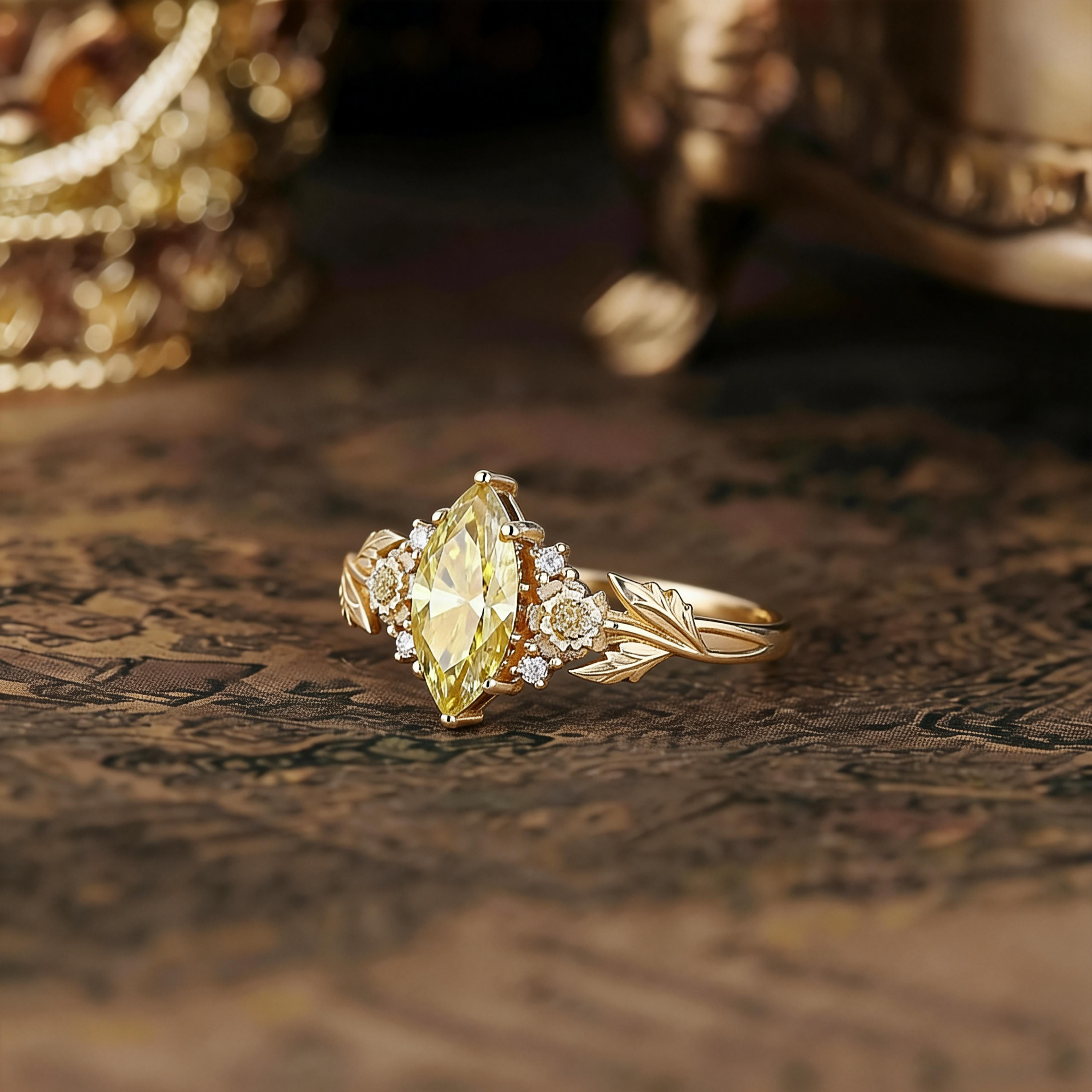 Floral Inspired | Chrysanthemum Design Yellow Moissanite Engagement Ring