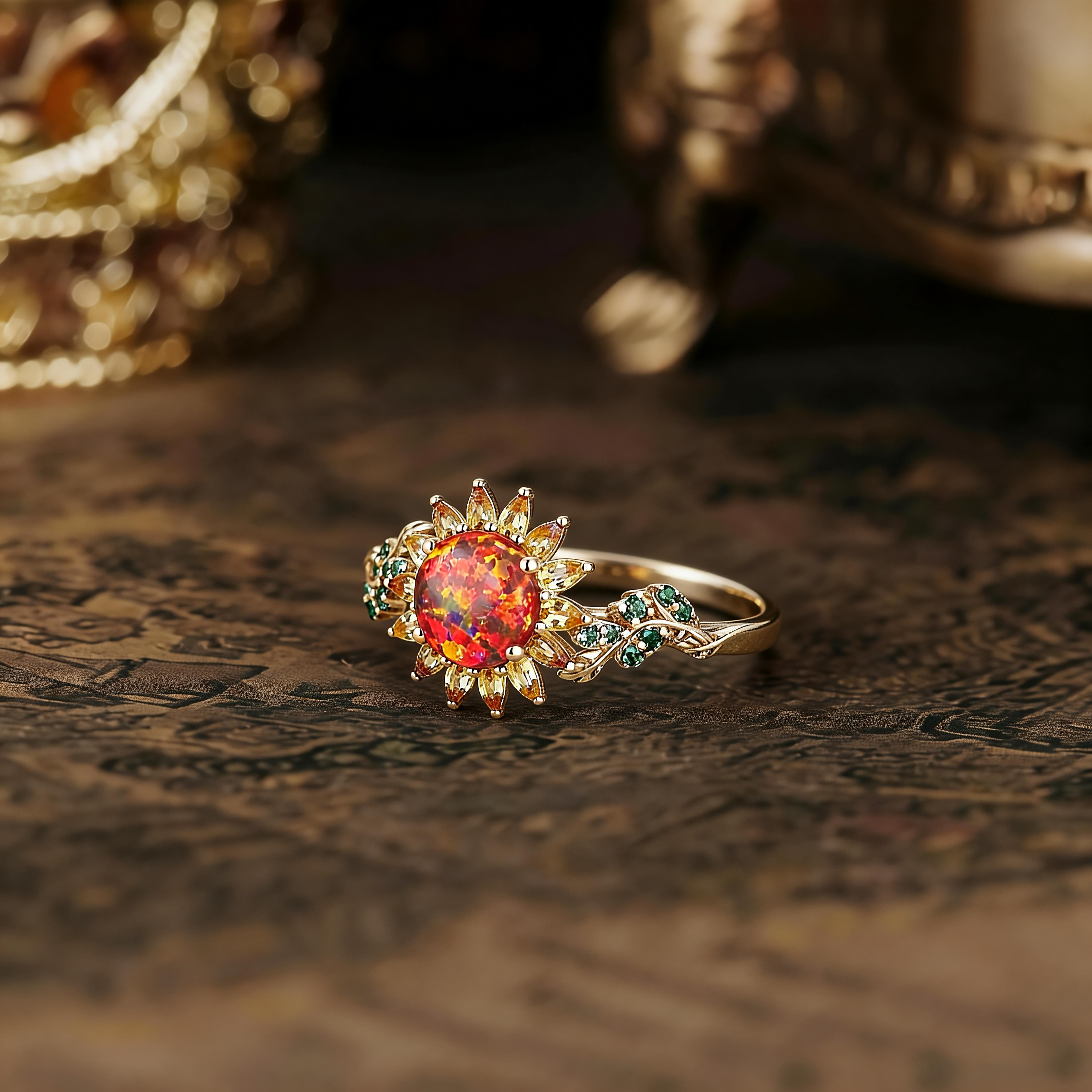 Black Opal Sunflower Engagement Ring - 7mm