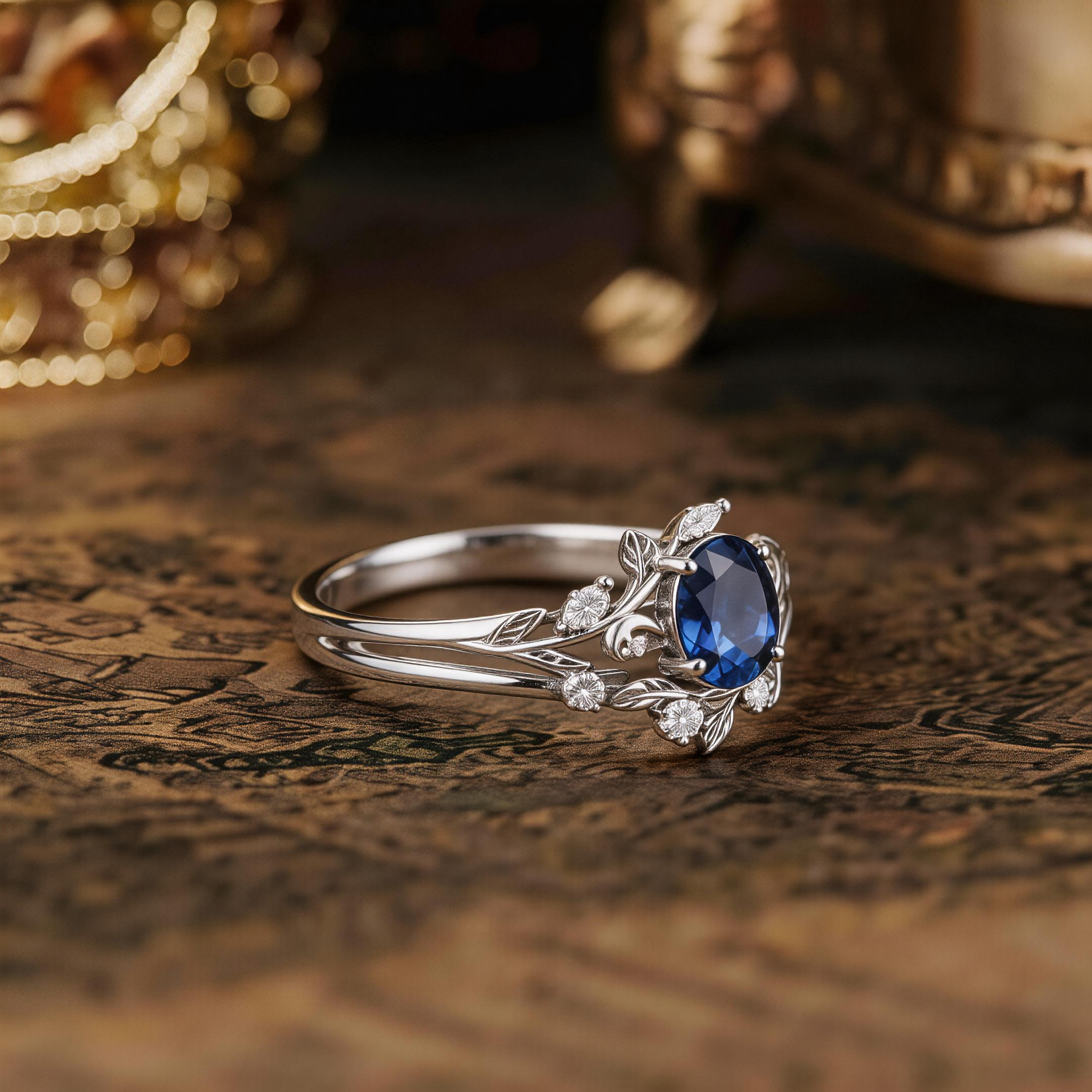 Nartyaewelry | Sapphire Leaf and Moon Engagement Ring Set