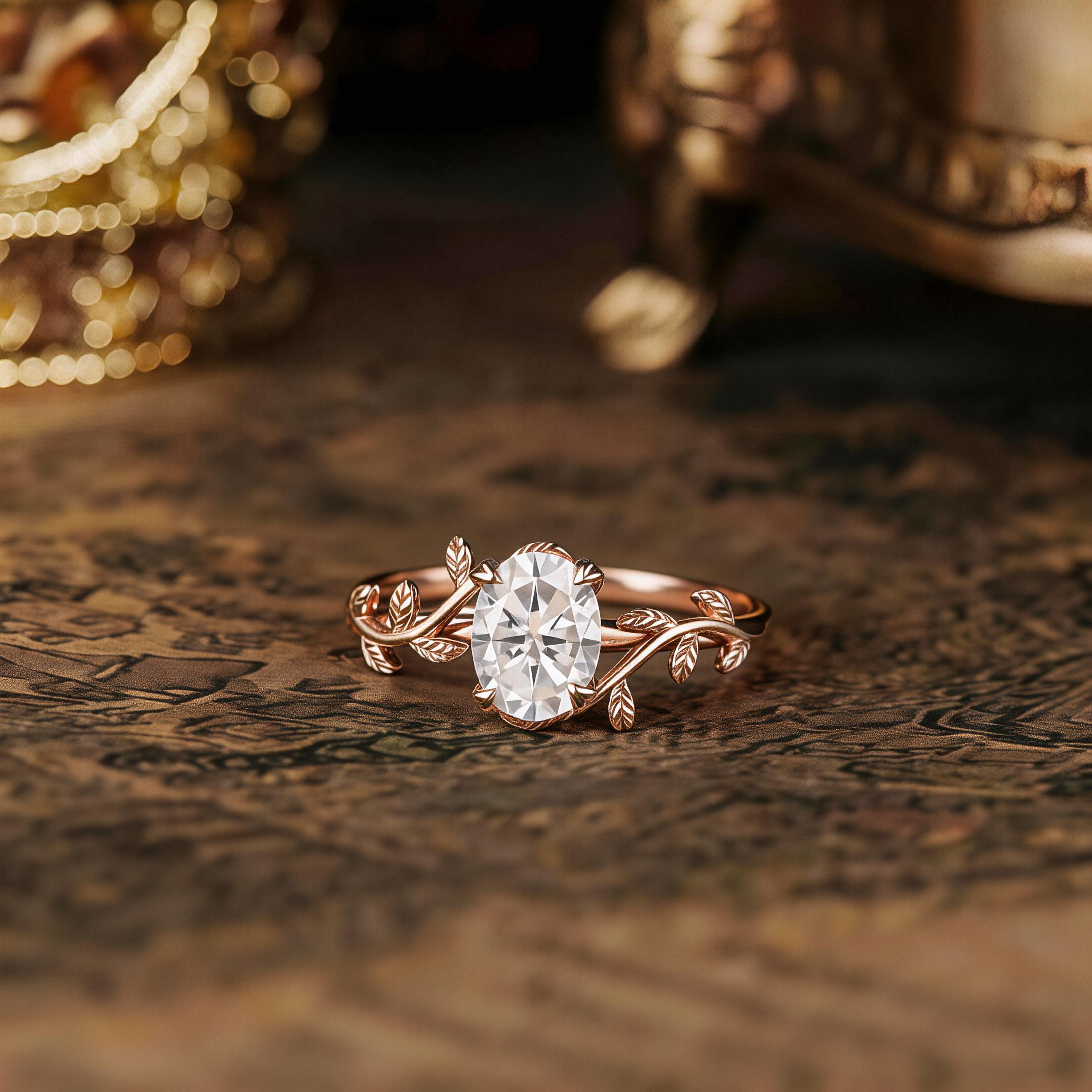 Nartyajewelry | 1.5ct Oval Cut Moissanite Leaf Engagement Ring