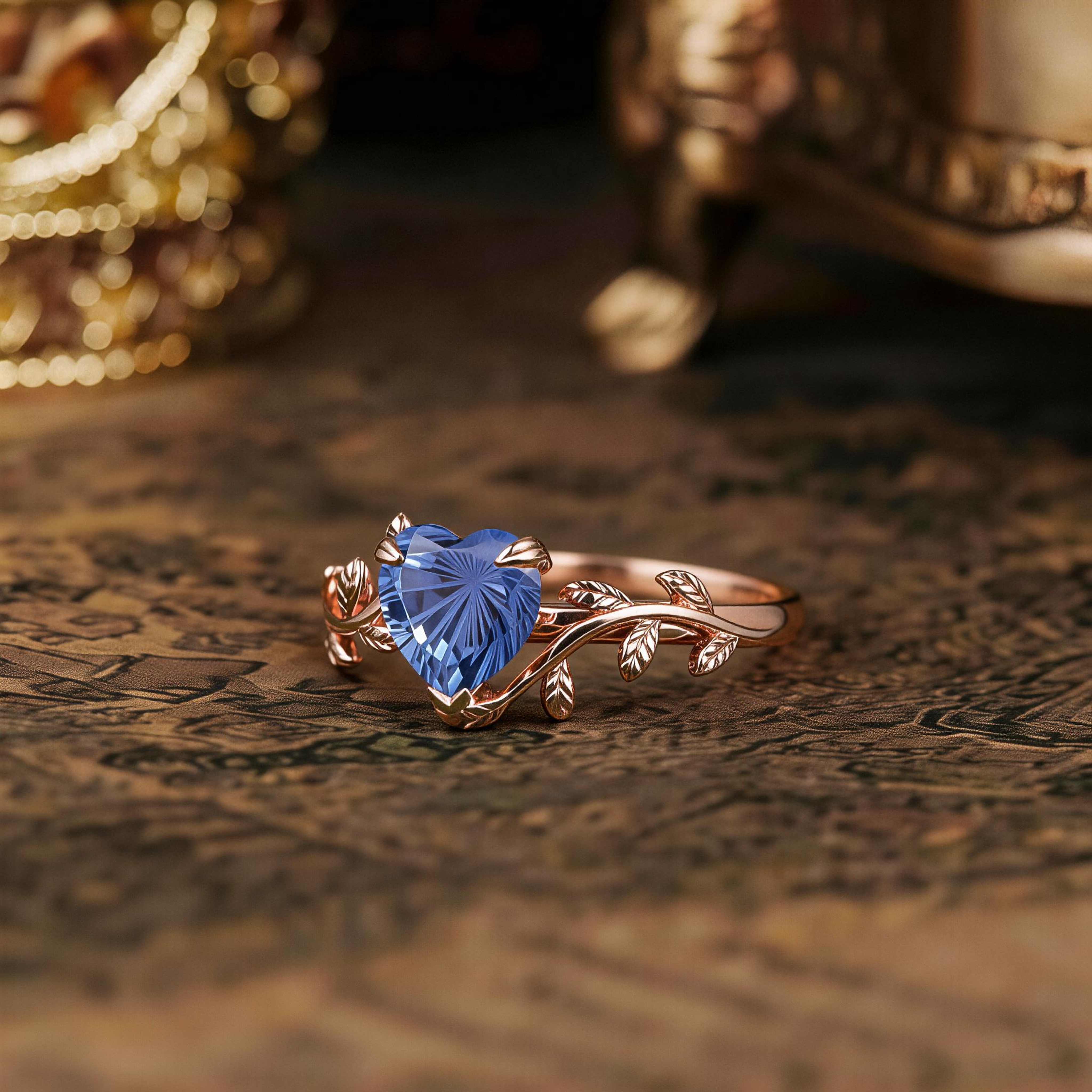 Leaf Inspired | Heart Fireworks Cut Sapphire Leaf Floral Engagement Ring