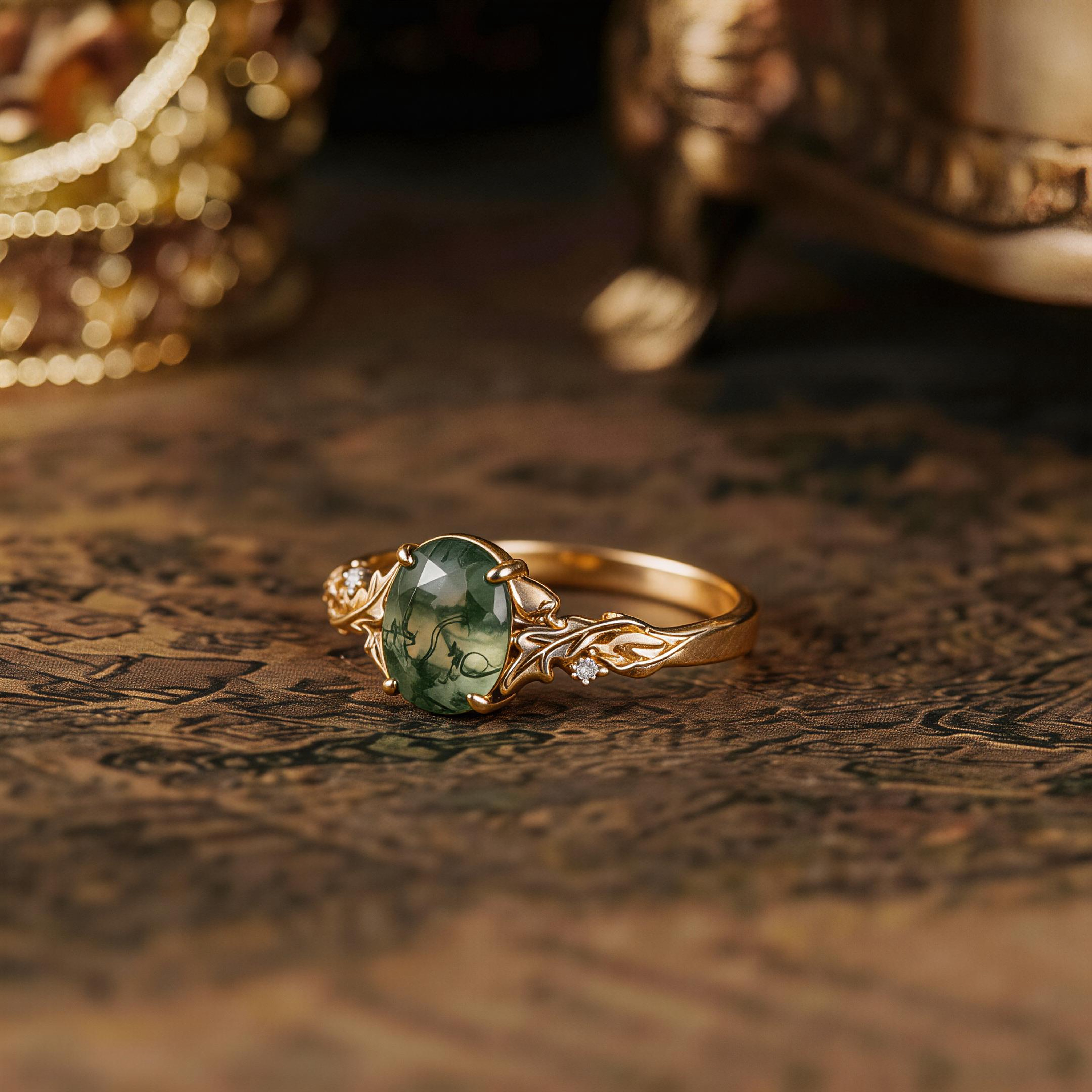 Leaf Inspired | Oak Leaf and Berry Design Moss Agate Engagement Ring