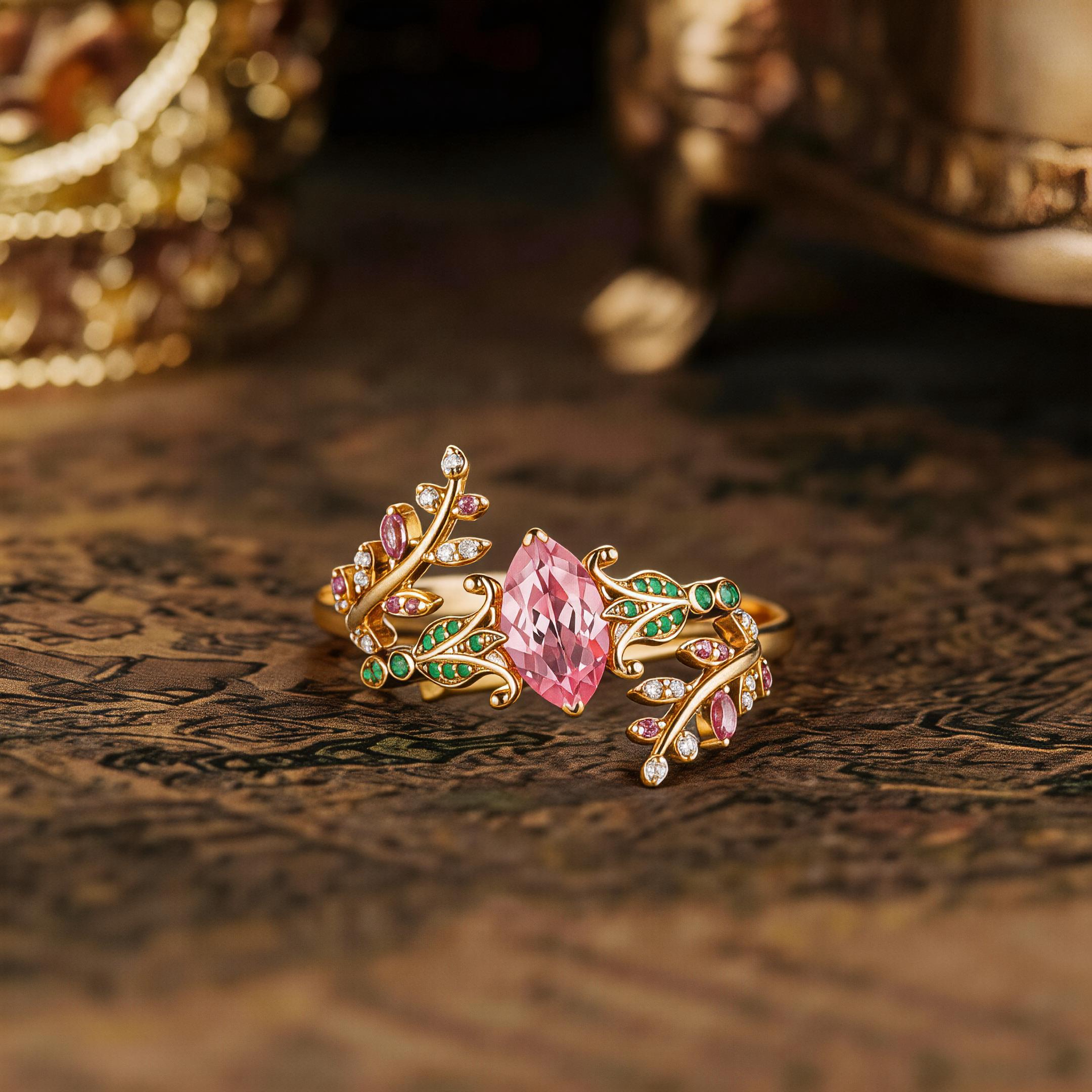 Floral Inspired | Papalacha Sapphire Iris Design Engagement Ring Set