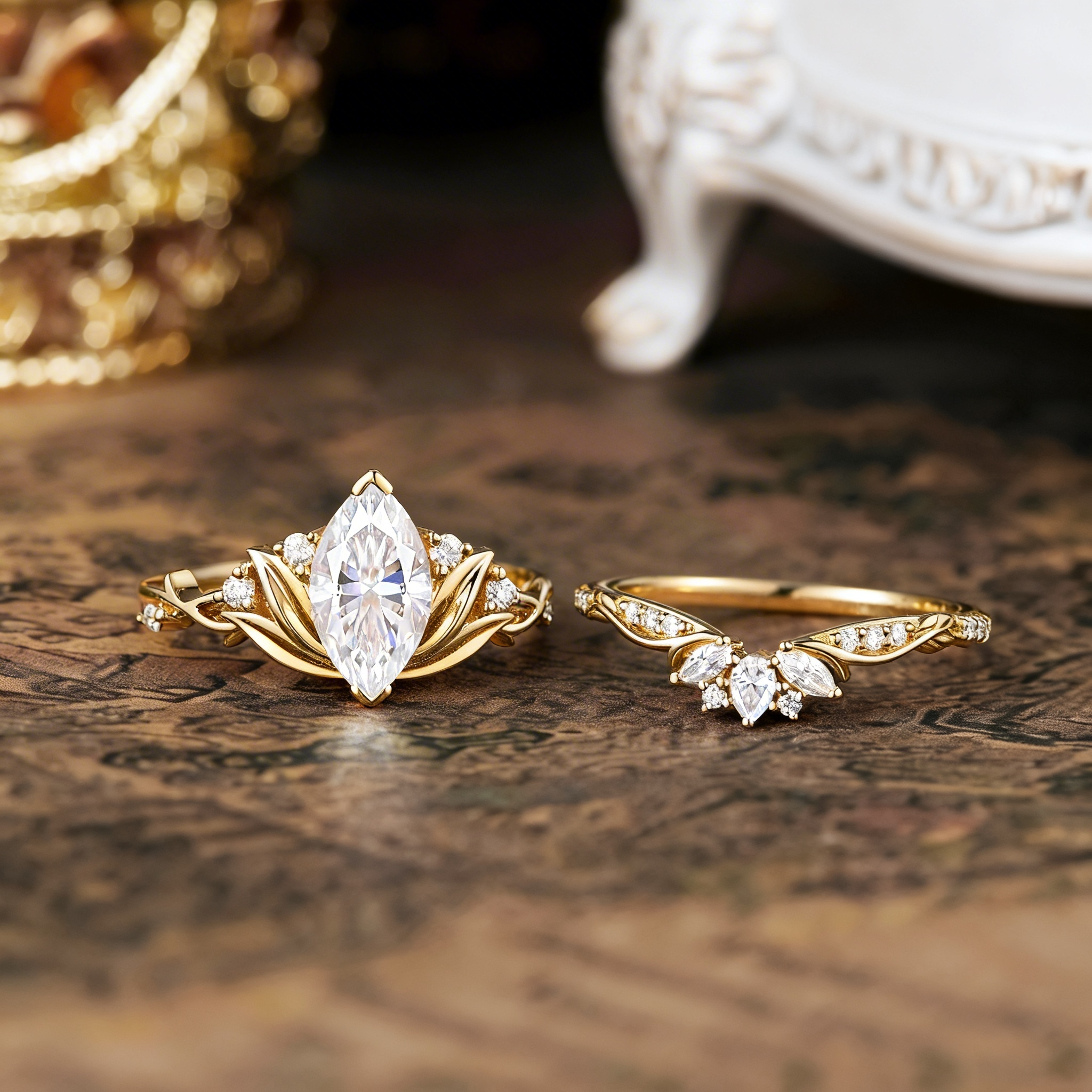 Floral Inspired | Marquise Lotus Engagement Ring Set