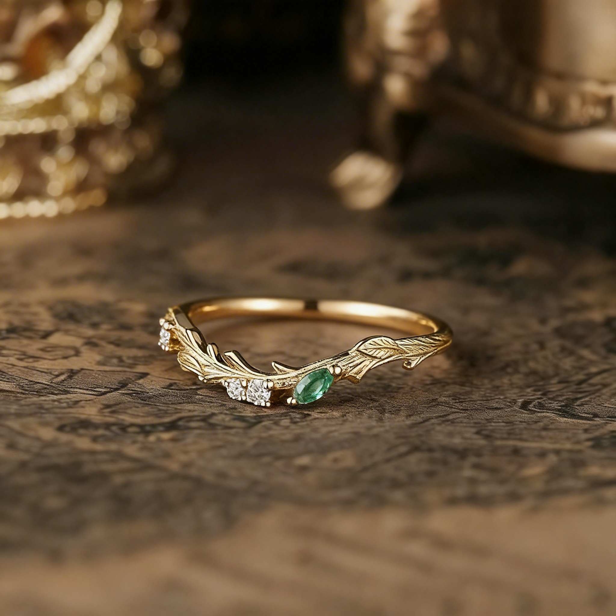Bark Inspired | Tree Texture Curved Wedding Band with Moss Agate