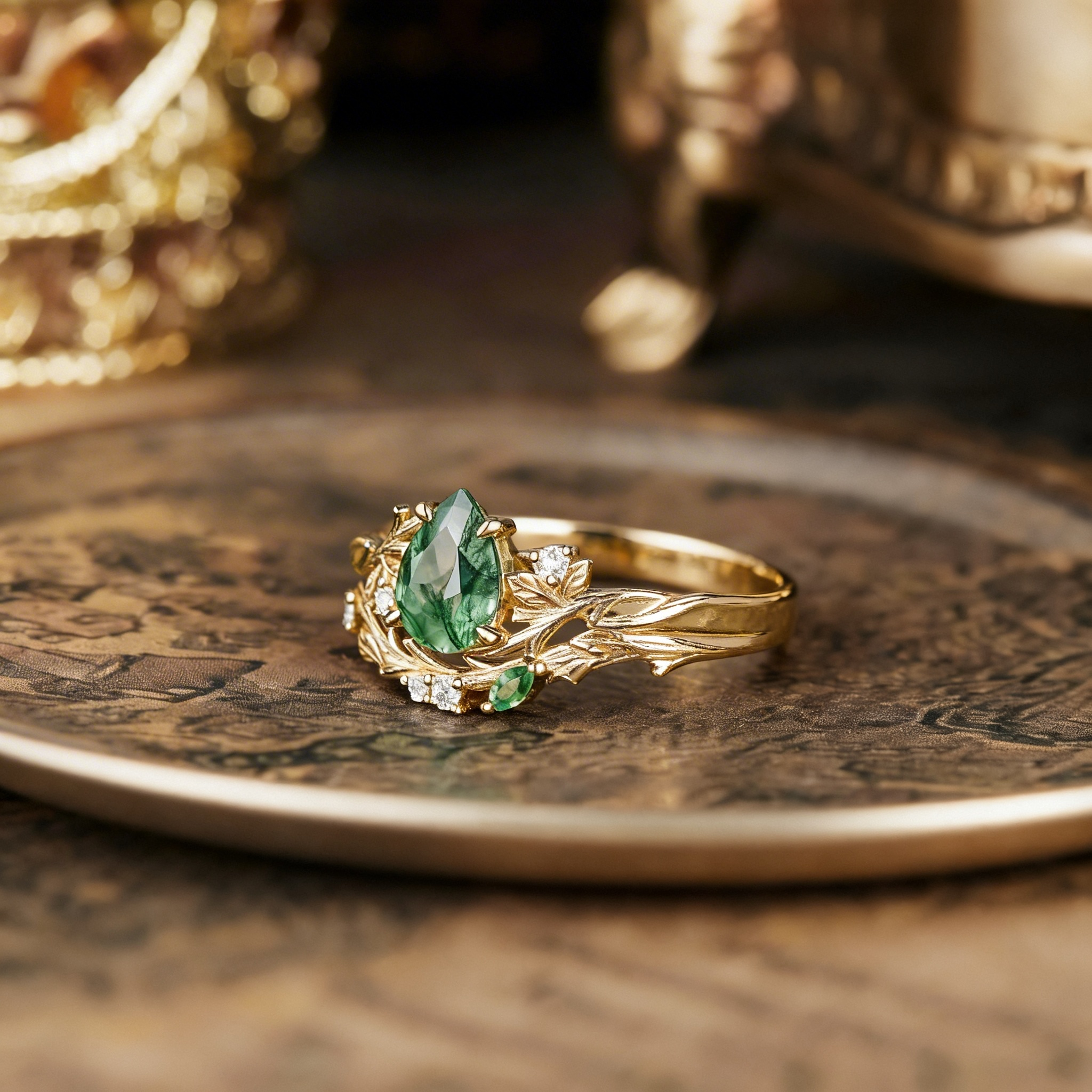 Bark Inspired | Moss Agate Engagement Ring Set Tree Texture