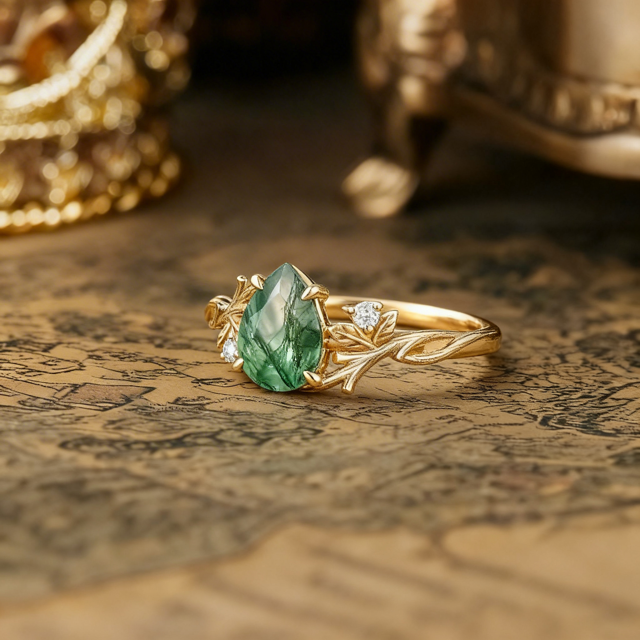 Bark Inspired | Pear Moss Agate Twig Engagement Ring