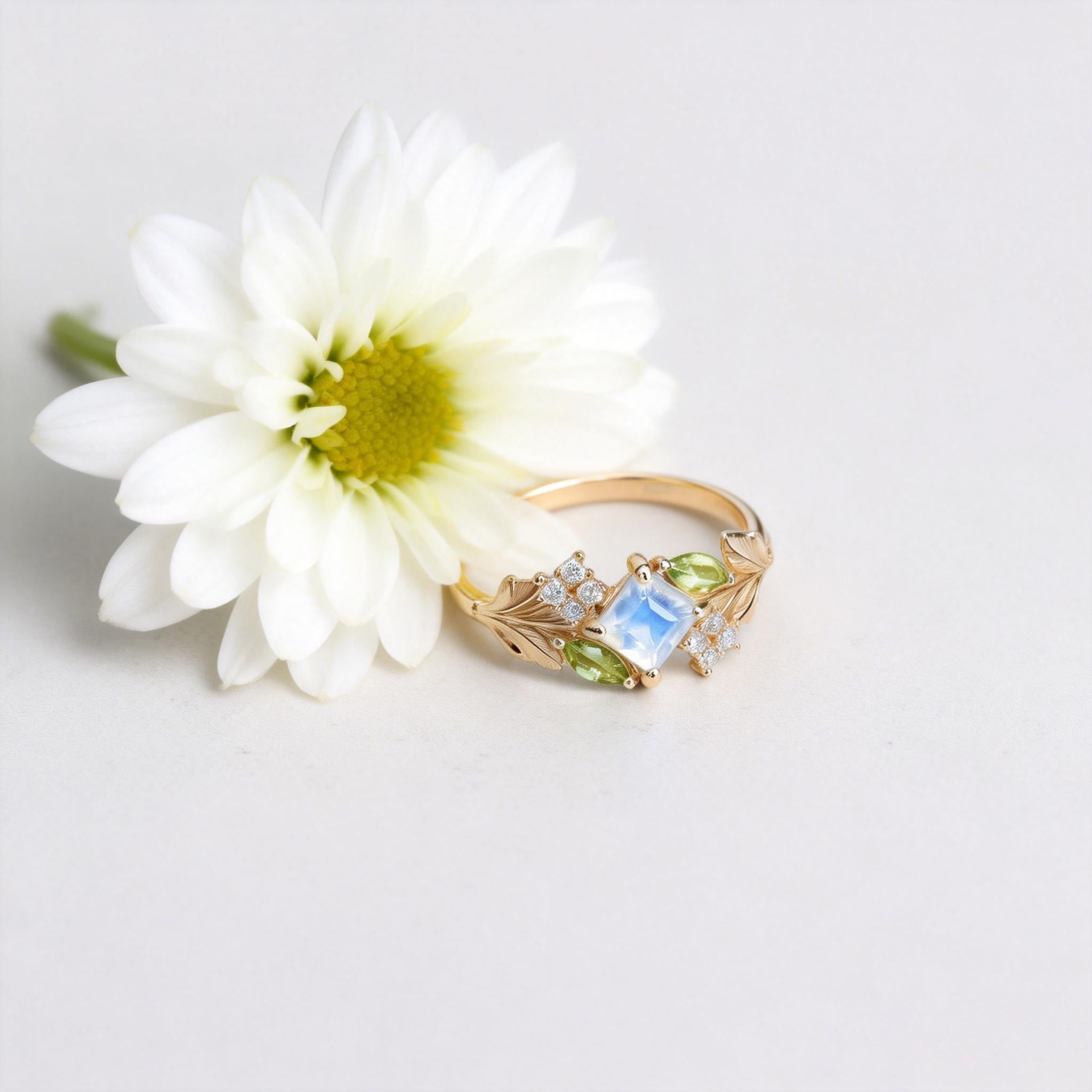 The Courtyard Garden Ring – Square Moonstone & Diamond Accents