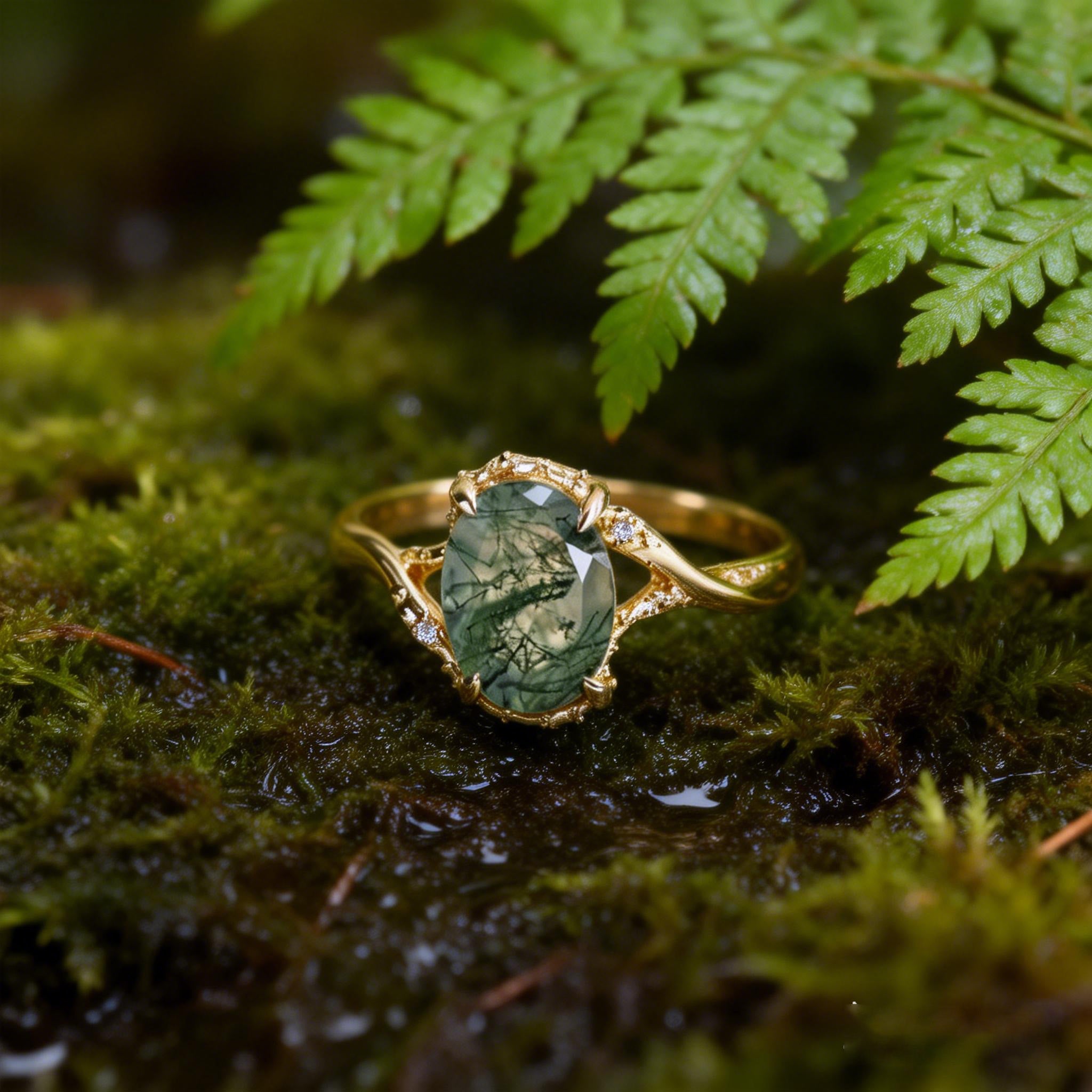 Mirelle Solid Gold Oval Moss Agate Engagement Ring