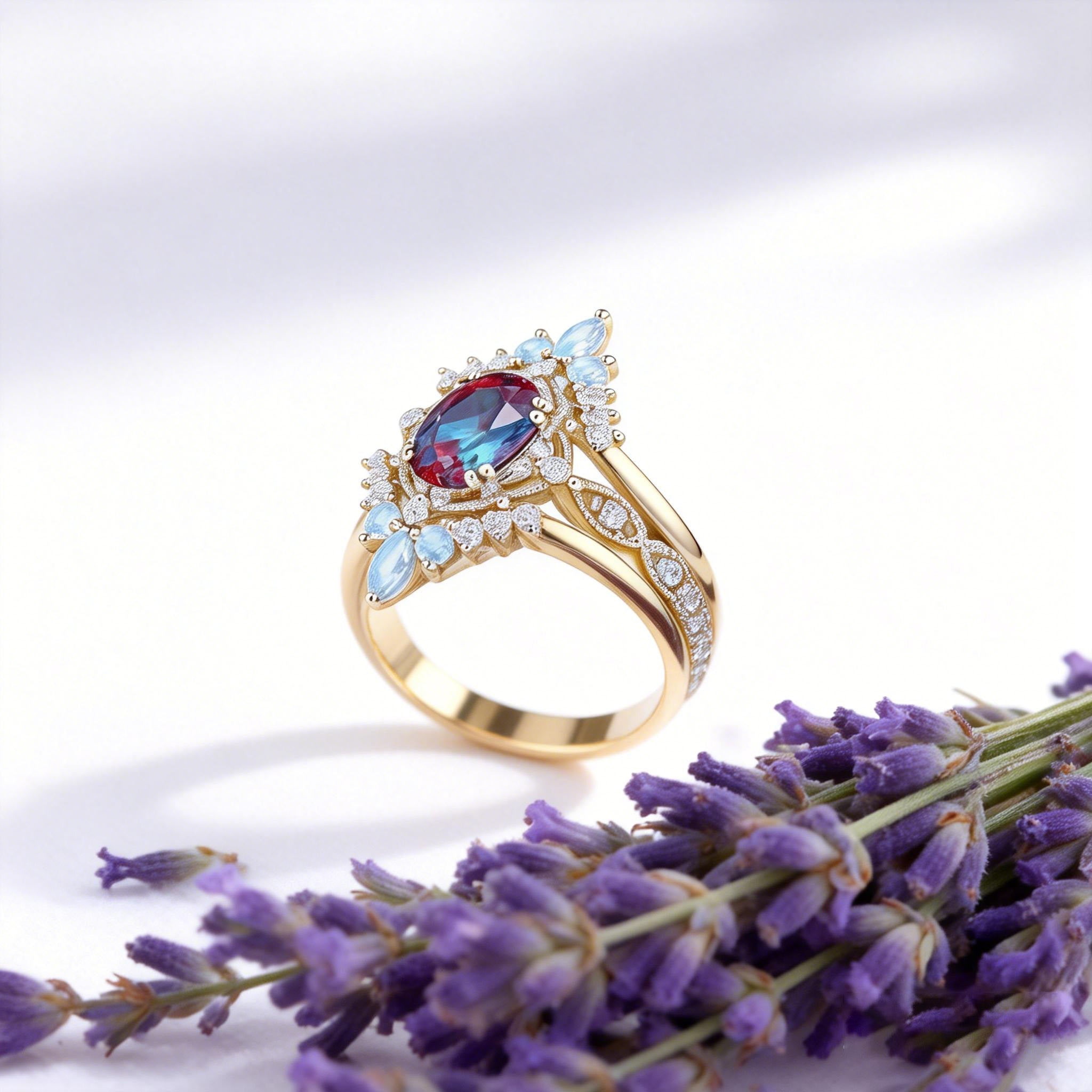 1.5CT Alexandrite Signature Vintage Luna Ring Set 3pcs