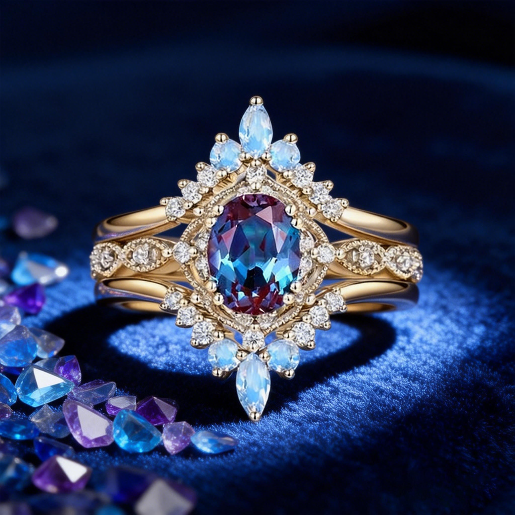 1.5CT Alexandrite Signature Vintage Luna Ring Set 3pcs