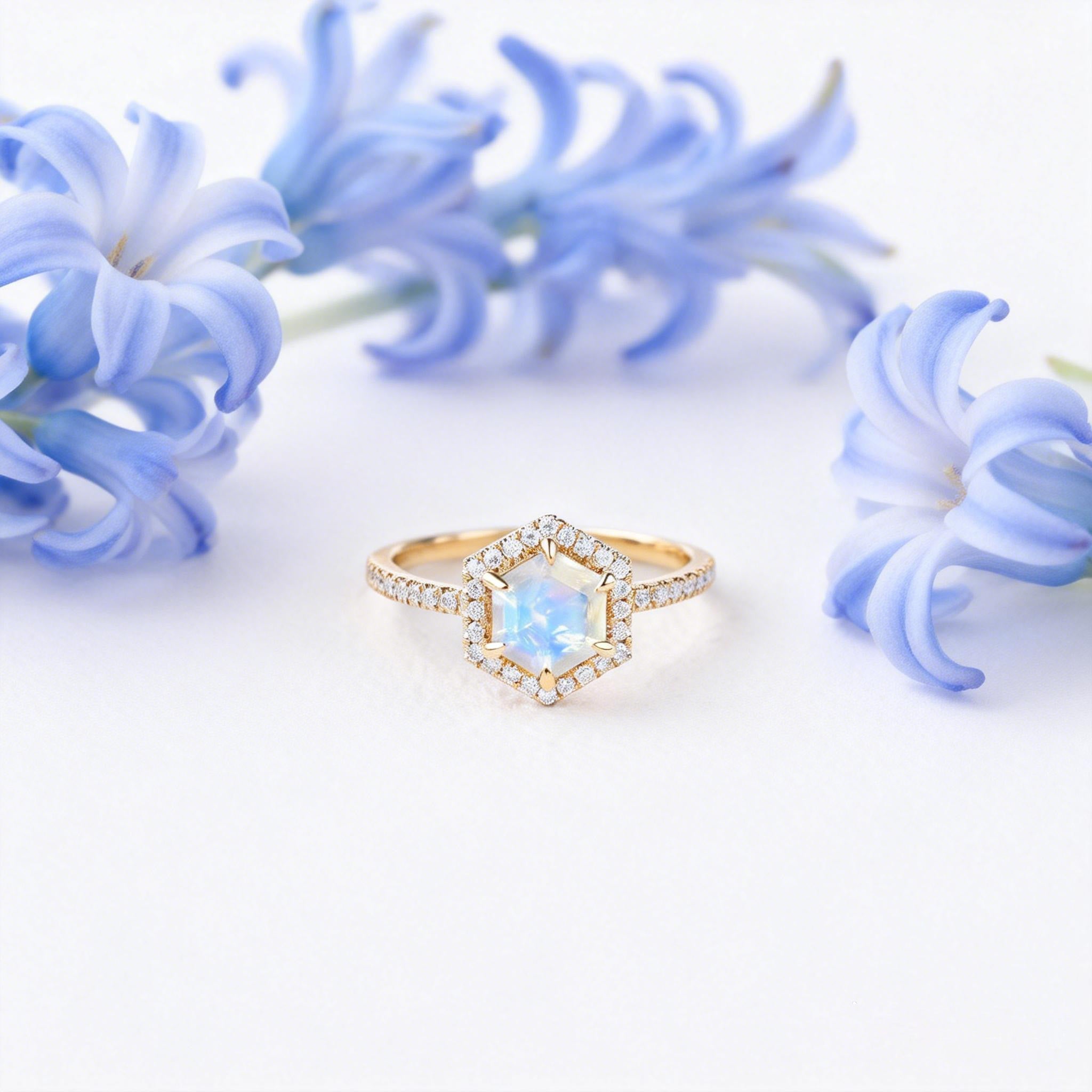 Vintage Hexagon Moonstone & Moissantie Halo Ring