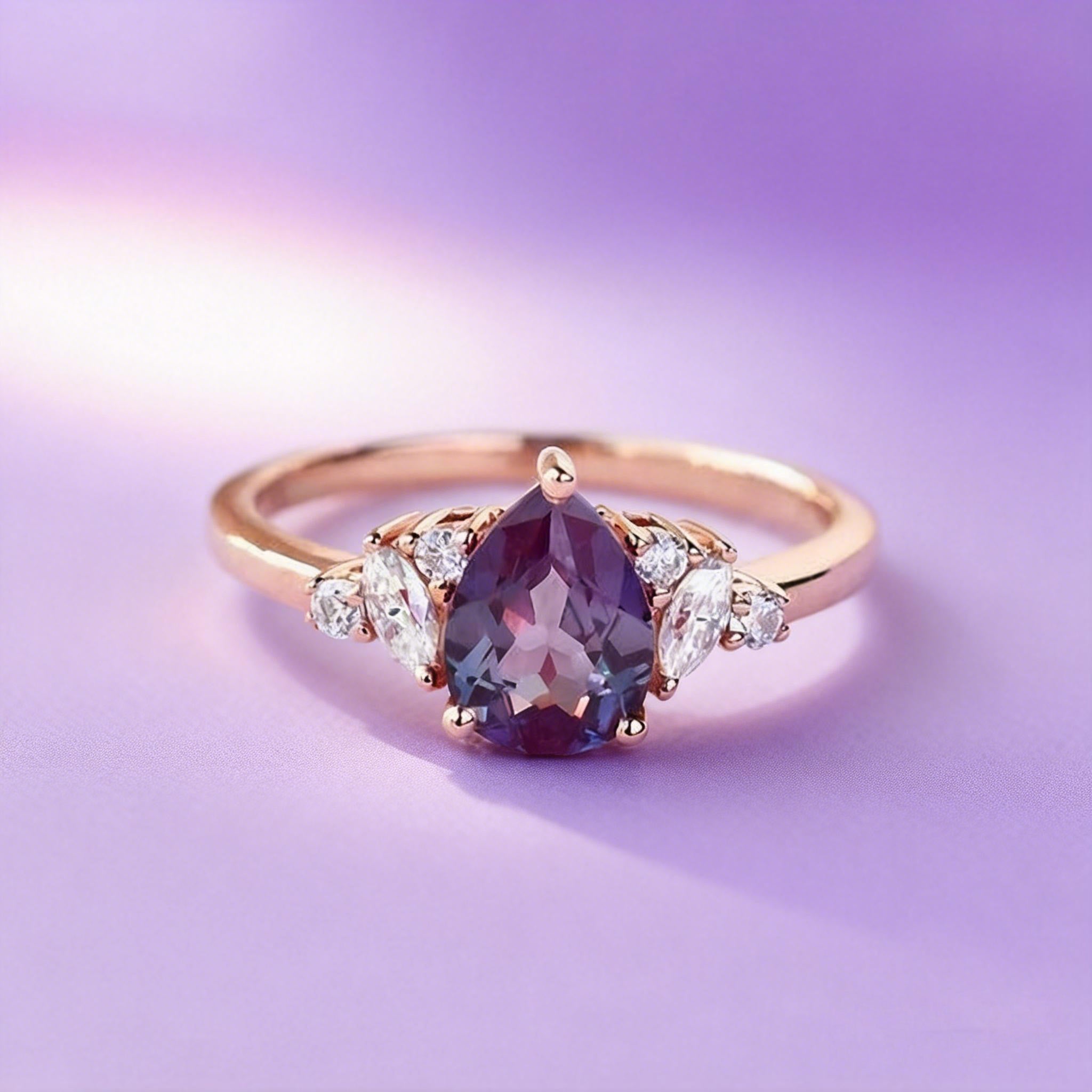 Pear Shaped Lab Alexandrite Rose Gold Ring
