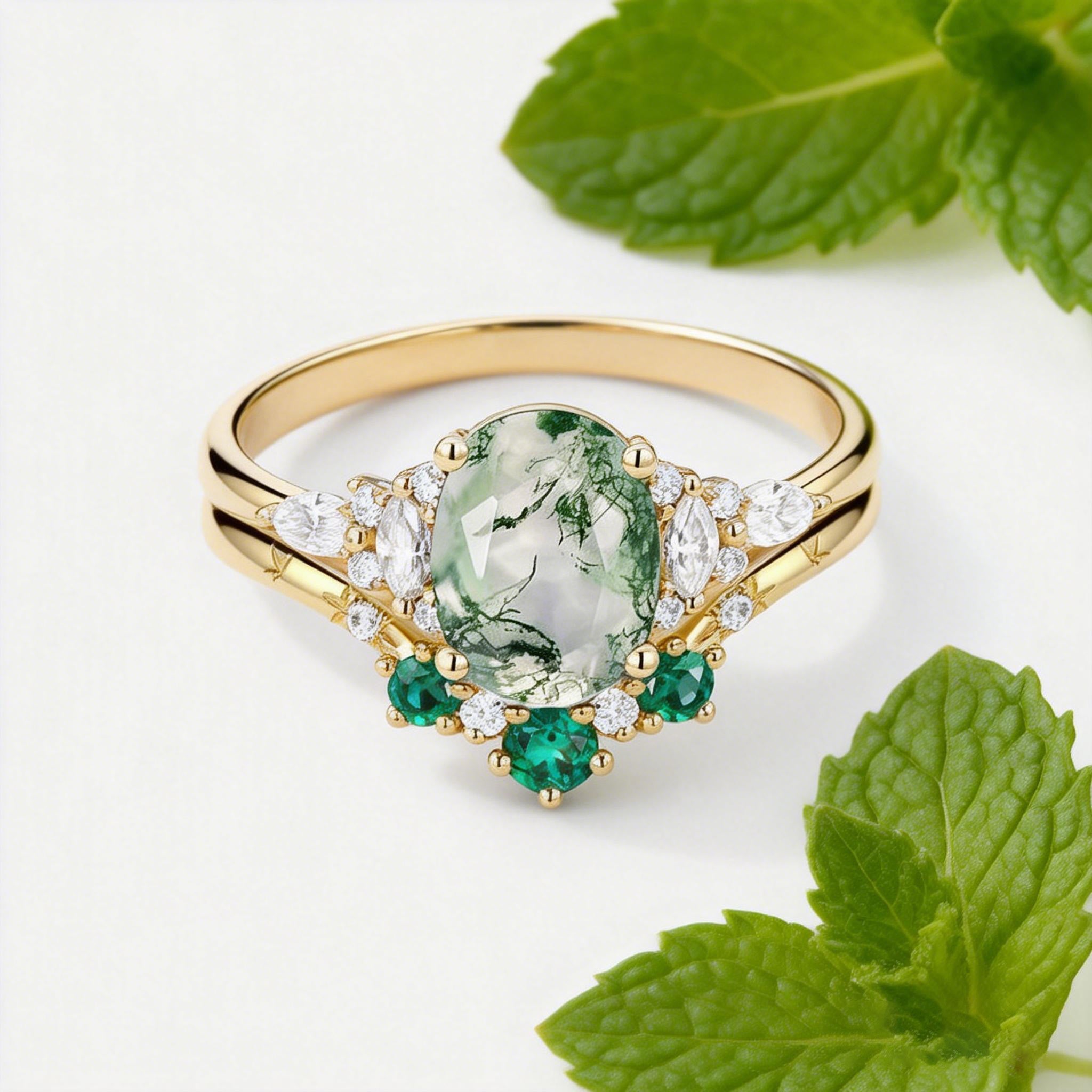 Natural Oval Cut Moss Agate & Lab Emerald Engagement Ring Sets 2pcs