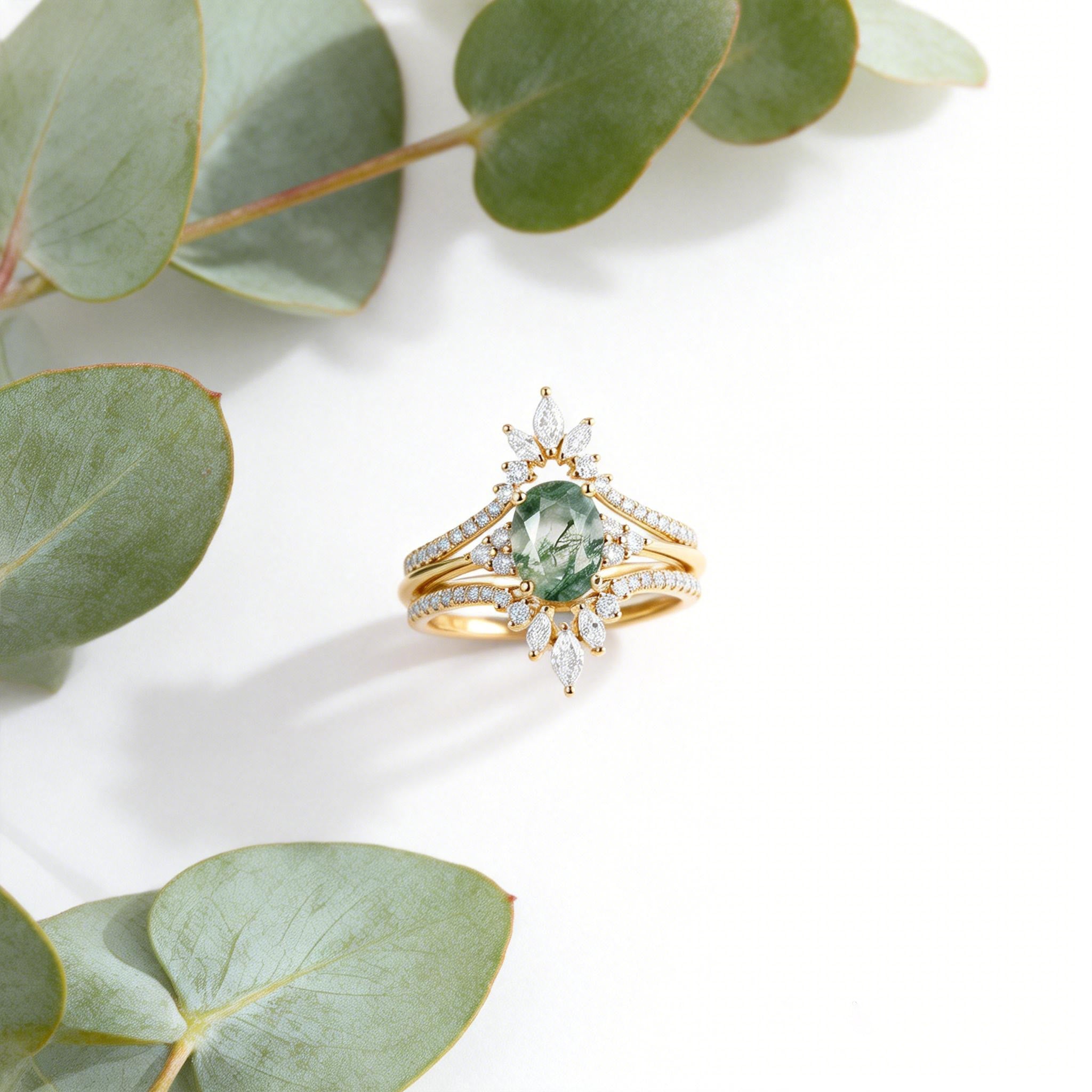 Chroma Oval Cut Moss Agate Classic Cluster Gold Ring Set 3pcs