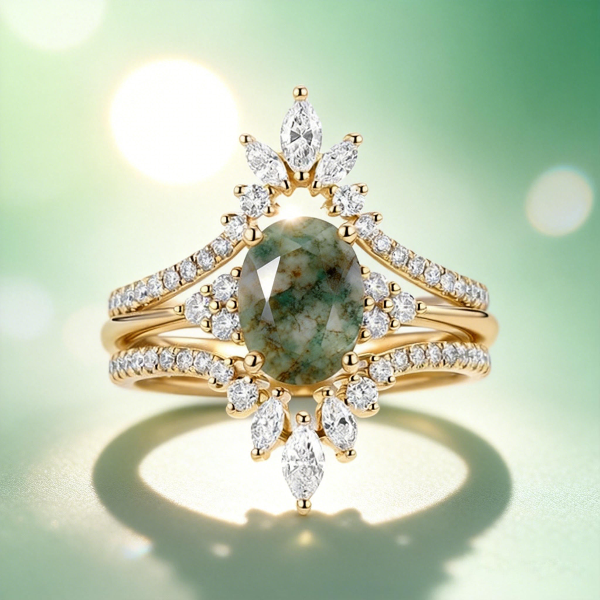 Chroma Oval Cut Moss Agate Classic Cluster Gold Ring Set 3pcs