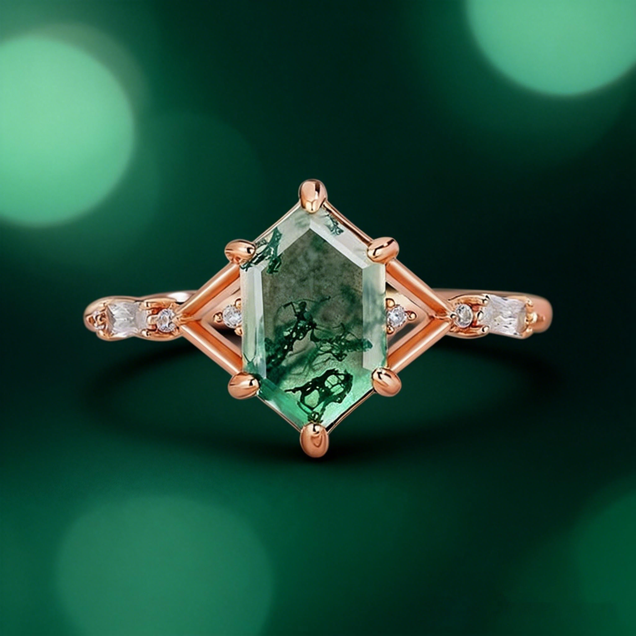 Nature Inspired Hexagon Cut Moss Agate Engagement Ring