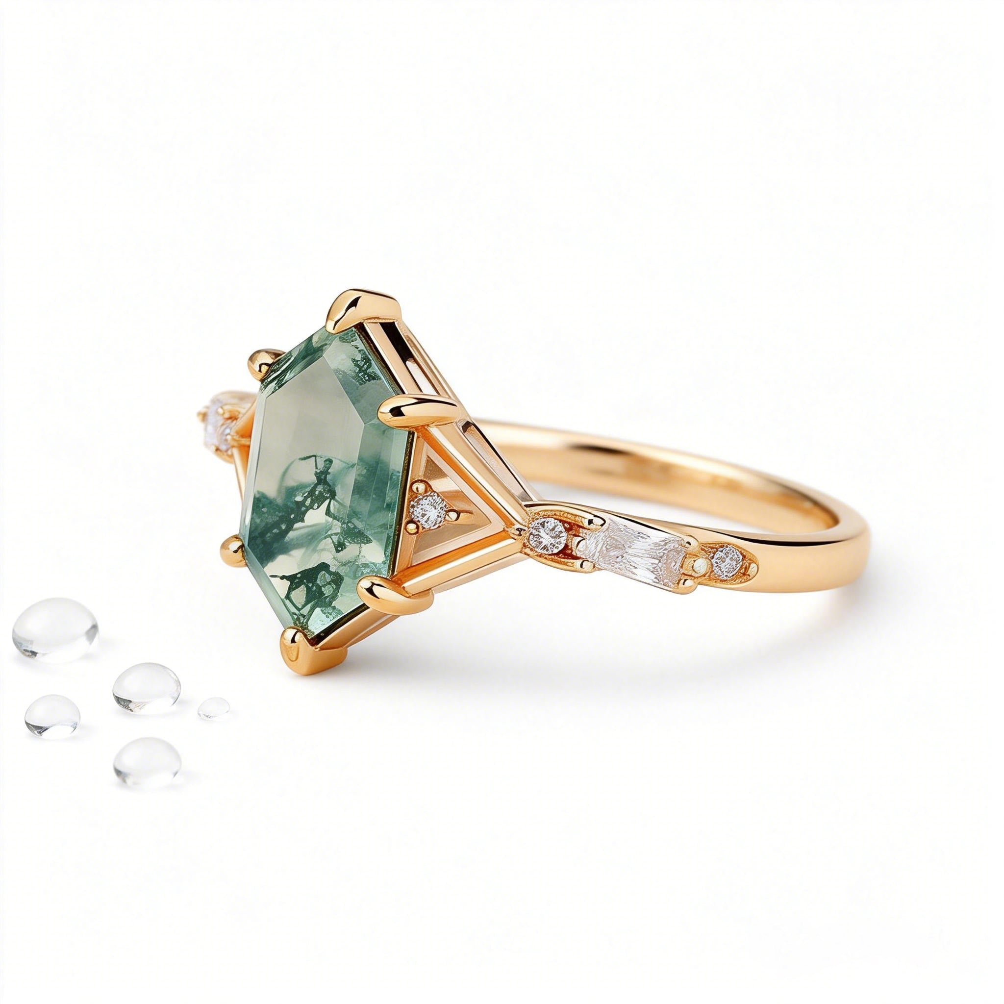 Nature Inspired Hexagon Cut Moss Agate Engagement Ring
