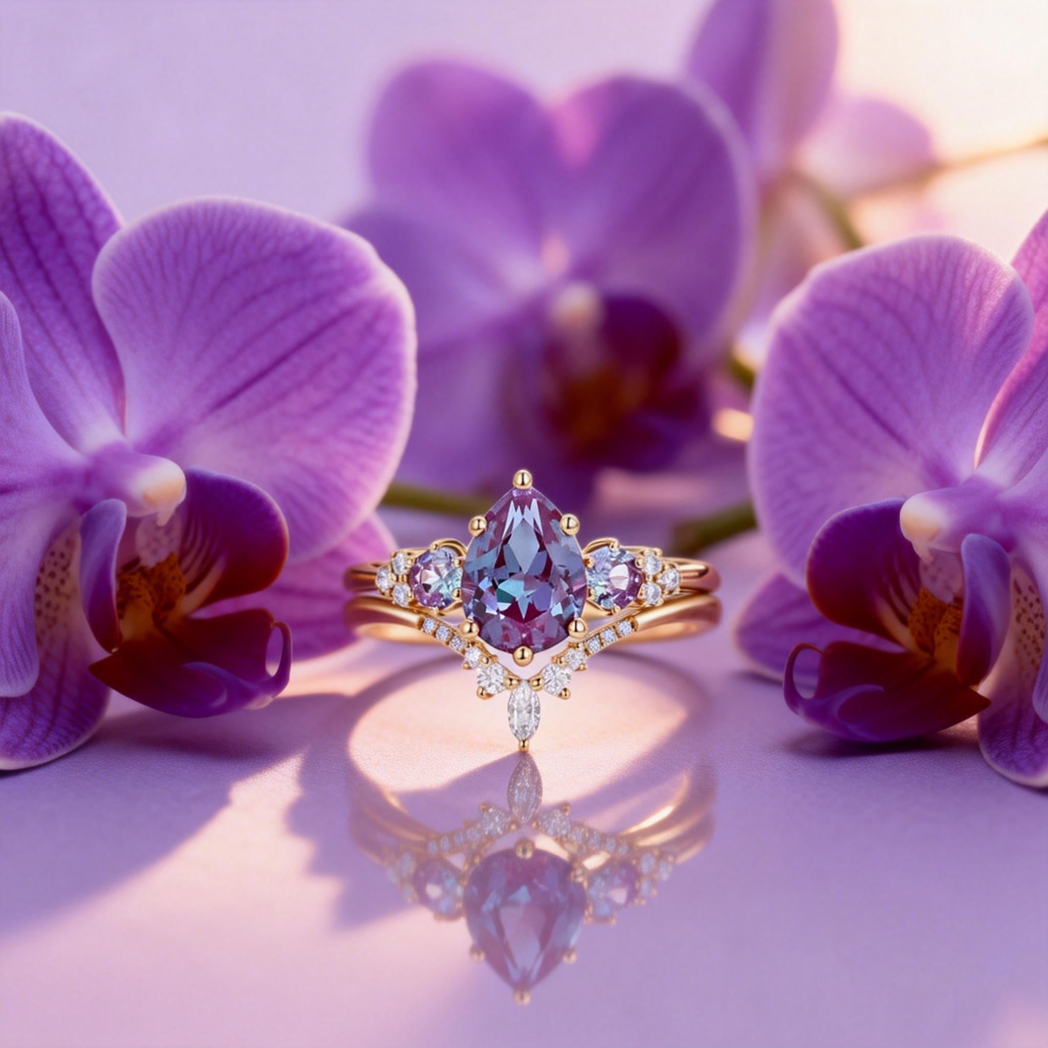 Fern Pear Shaped Alexandrite Cluster Gold Ring Set 2pcs