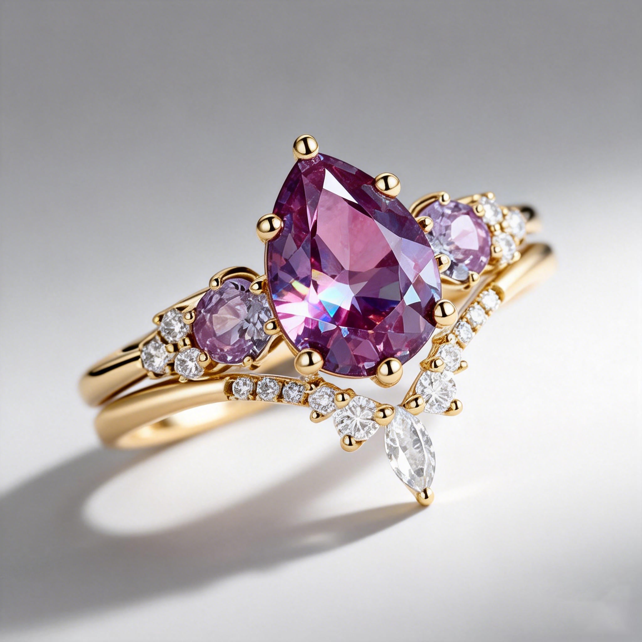 Fern Pear Shaped Alexandrite Cluster Gold Ring Set 2pcs