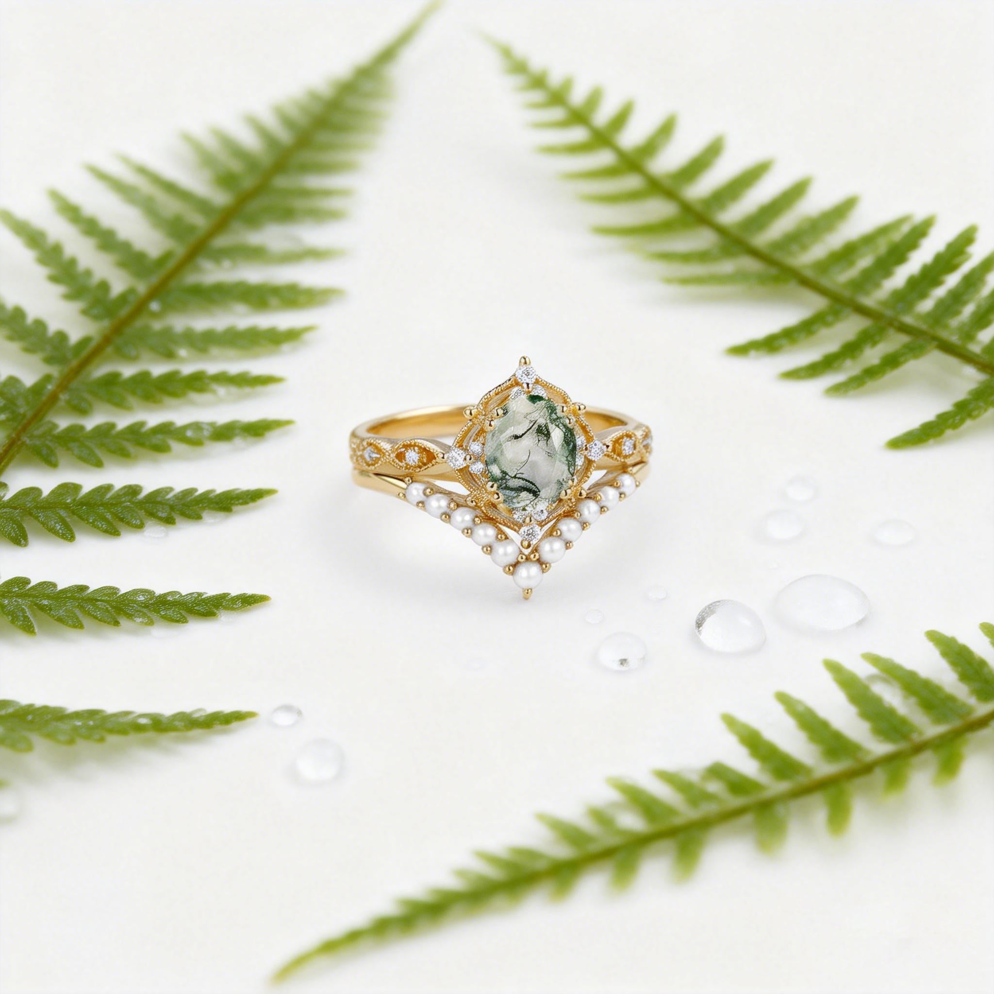 Charlotte 1.5ct Signature Moss Agate Vintage Ring Set 2pcs