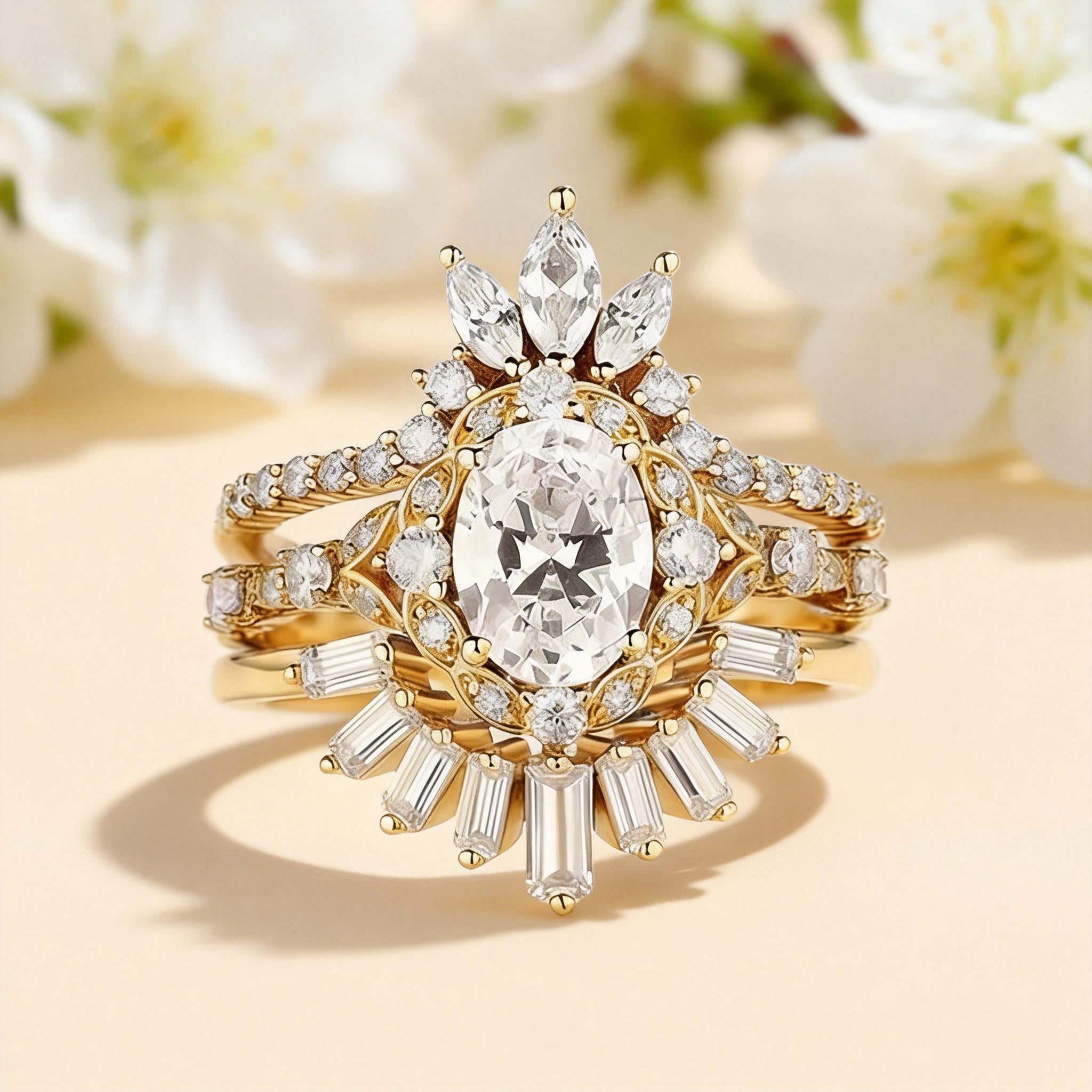 Unique Oval Cut Moissanite Sunflower Engagement Ring Set 3pcs