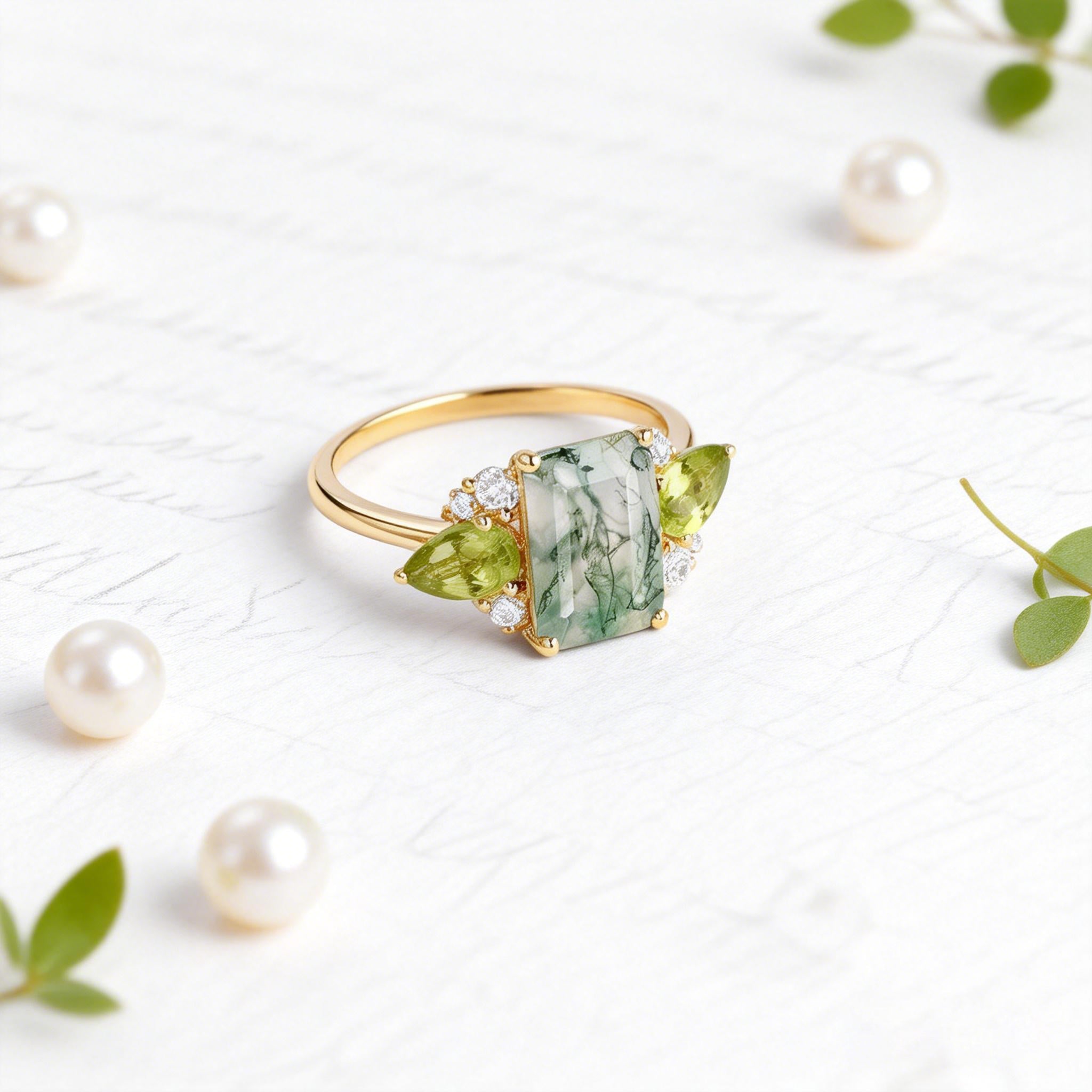 Nature Inspired Emerald Cut Moss Agate Double Pear Peridot Engagement Ring
