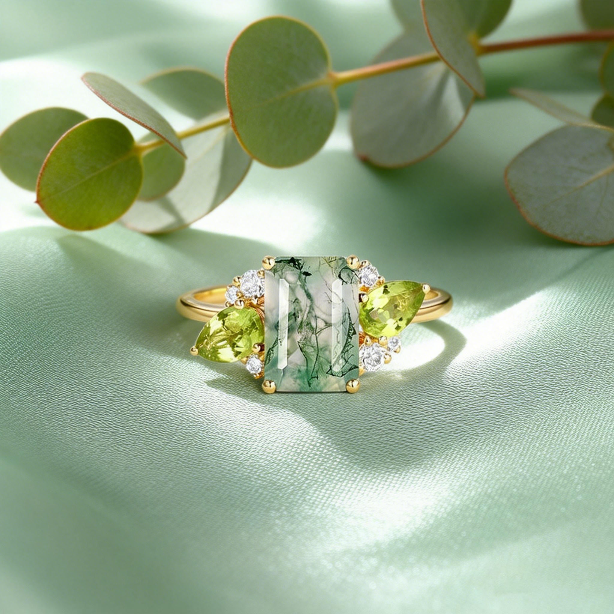 Nature Inspired Emerald Cut Moss Agate Double Pear Peridot Engagement Ring