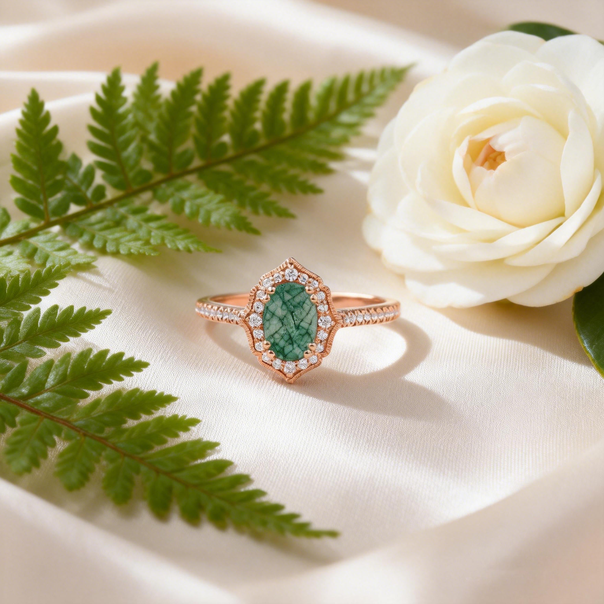 Oval Moss Agate White Gold Antique Halo Engagement Ring