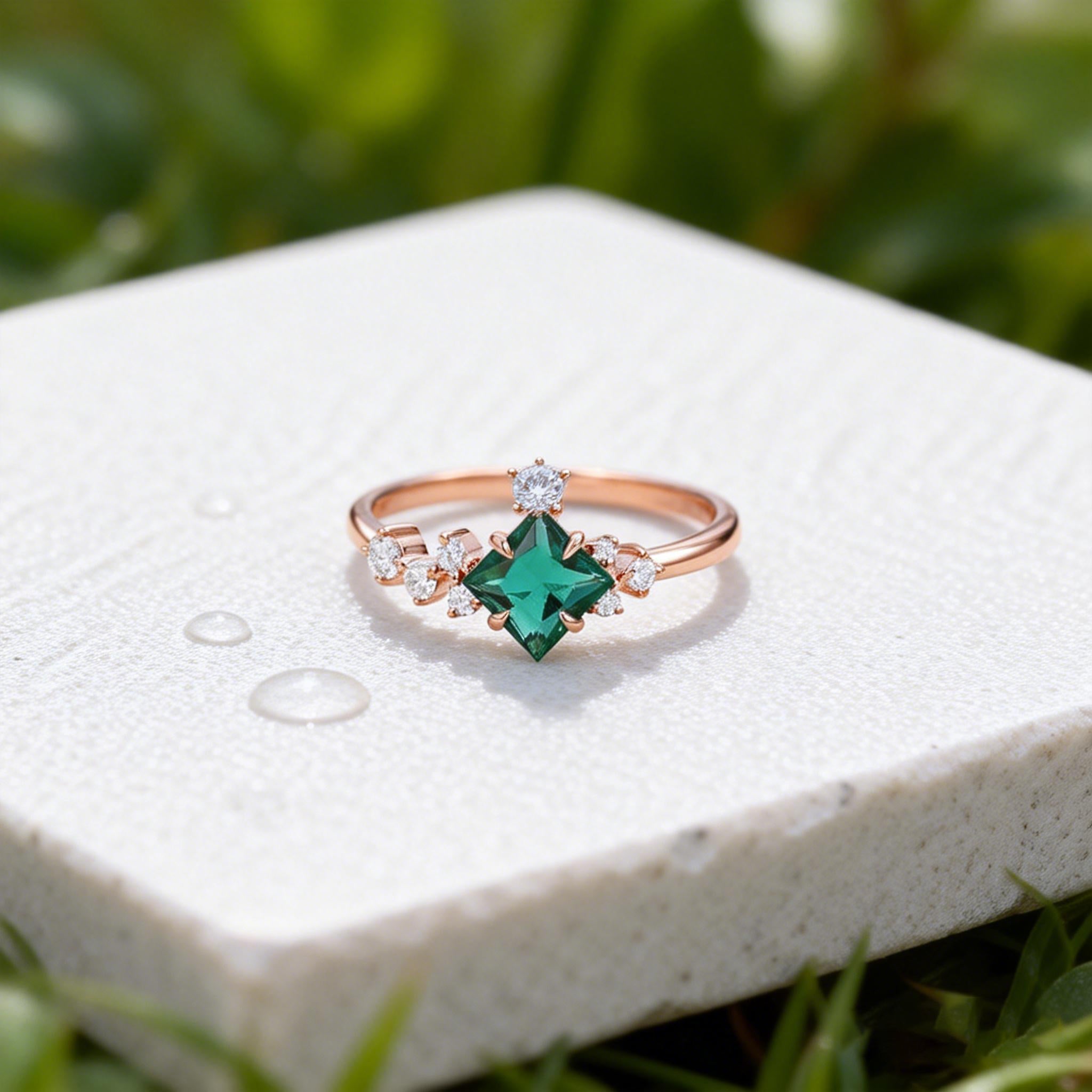 Princess Cut Moss Agate & Moissanite Rose Gold Ring