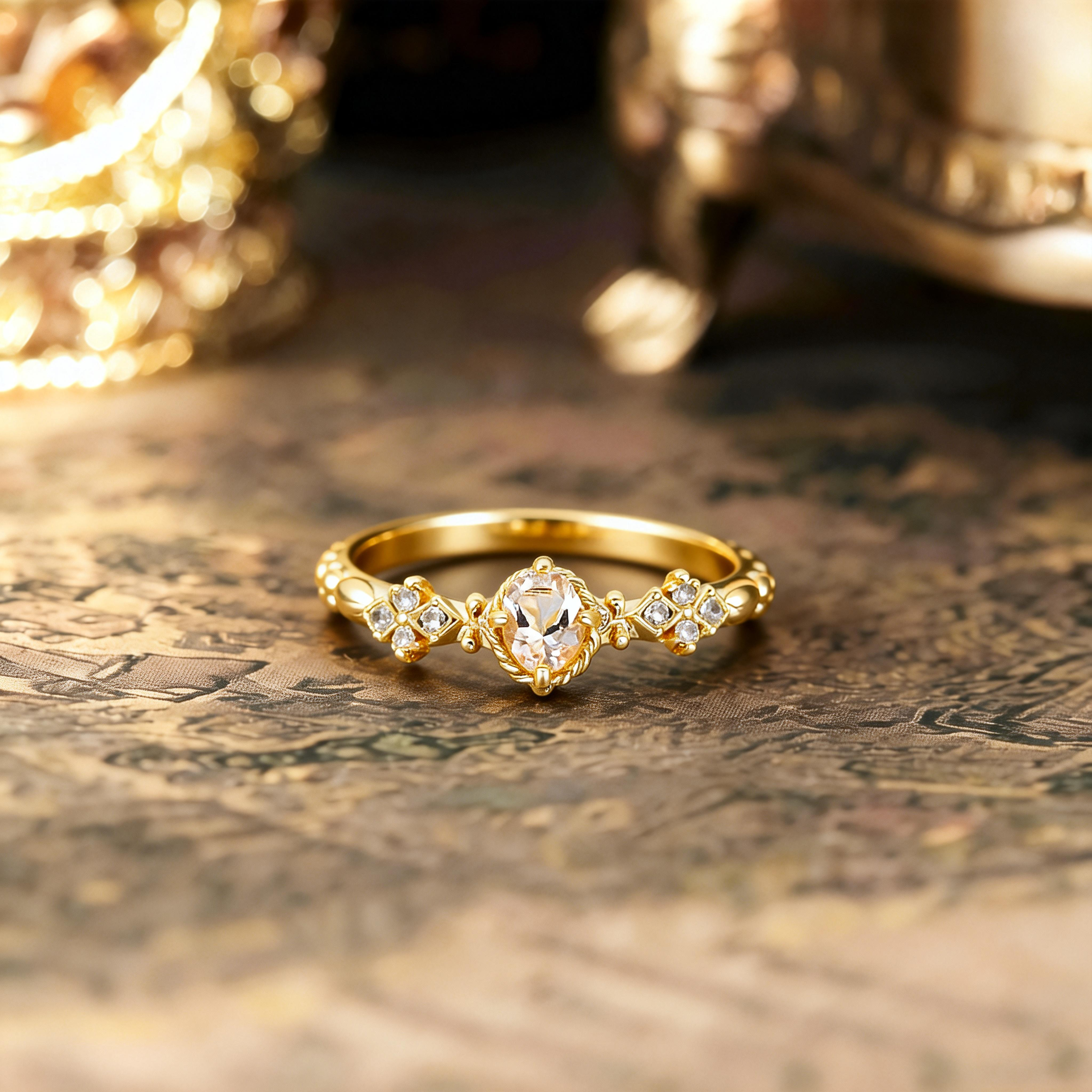 Vintage Dainty Gold Plated Zircon Ring, 925 Sterling Silver Geometric Delicate Band Ring for Women