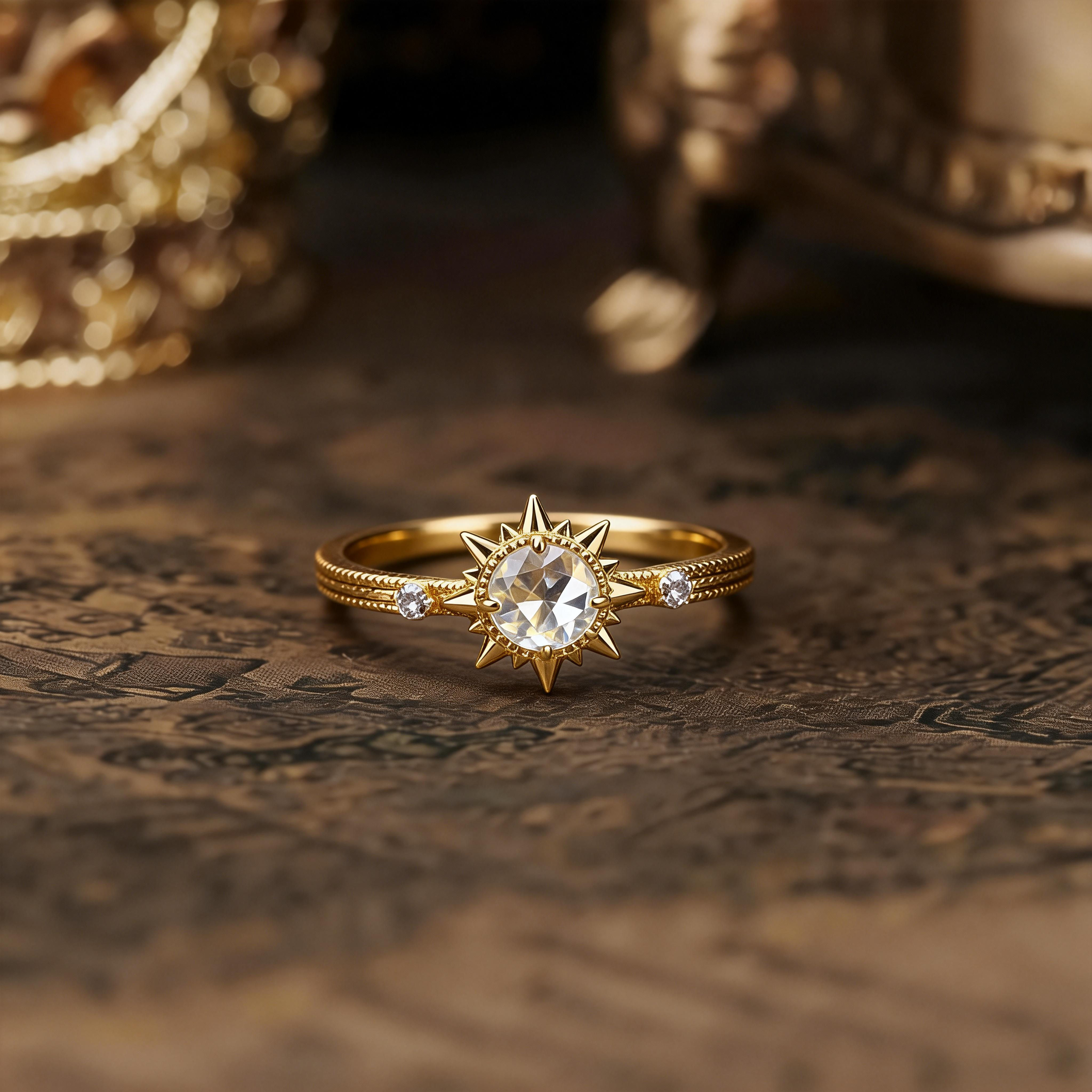 Sparkling Light Luxury Vintage Natural White Crystal S925 Sterling Silver Ring for Women, Little Sun Finger Ring