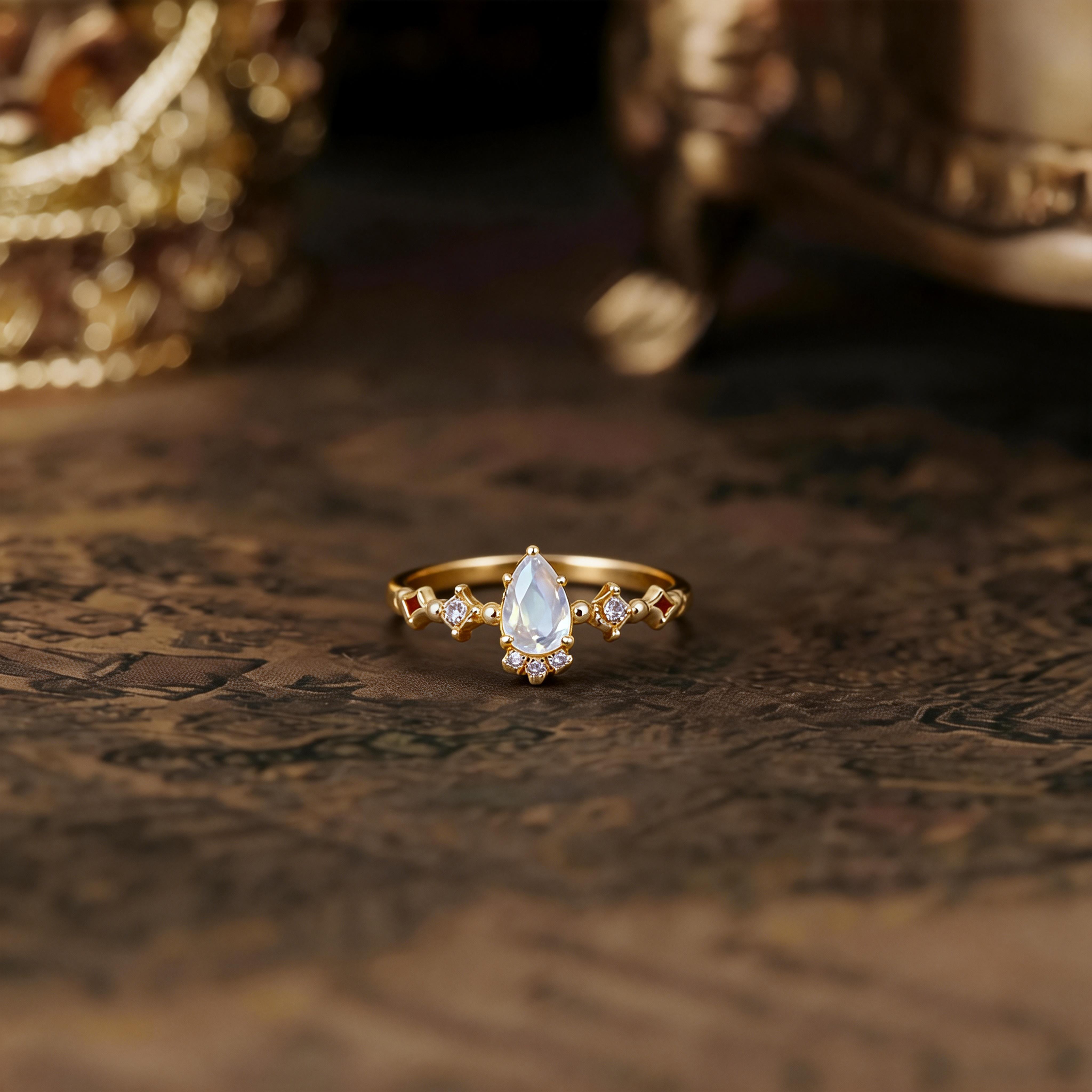 925 Sterling Silver Gold Plated Natural Blue Moonstone Ring for Women, Limited First Snow & Snow Dance Crystal Ring