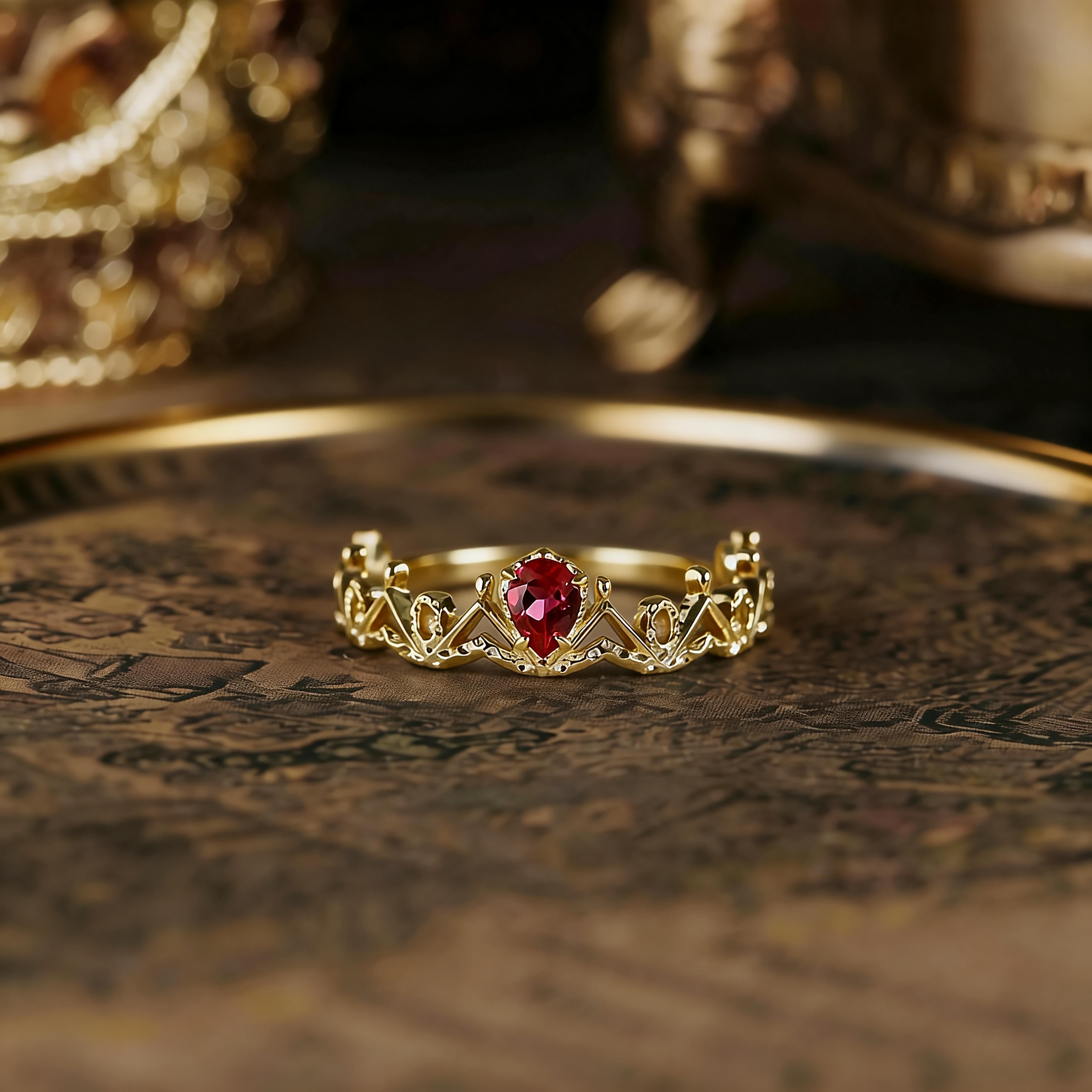 Fashion Daily Commute Lace Ring, S925 Sterling Silver Plated 14K Gold, Ruby Collection Ring for Women