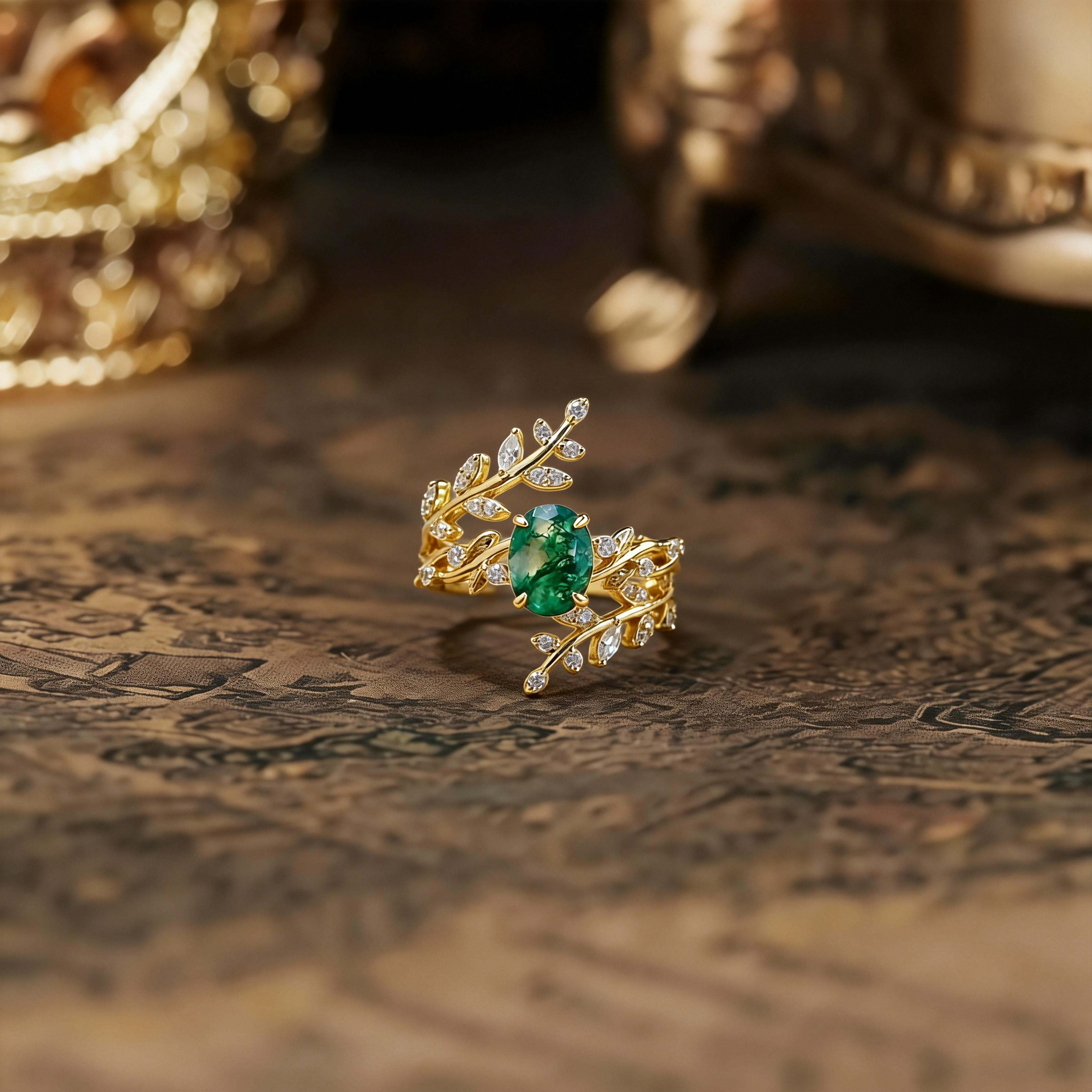 Natural Moss Agate S925 Sterling Silver Ring Set for Women | Leaf & Pave Zircon Design, Adjustable Open Style, Boho Vintage Heart & Oval Bands