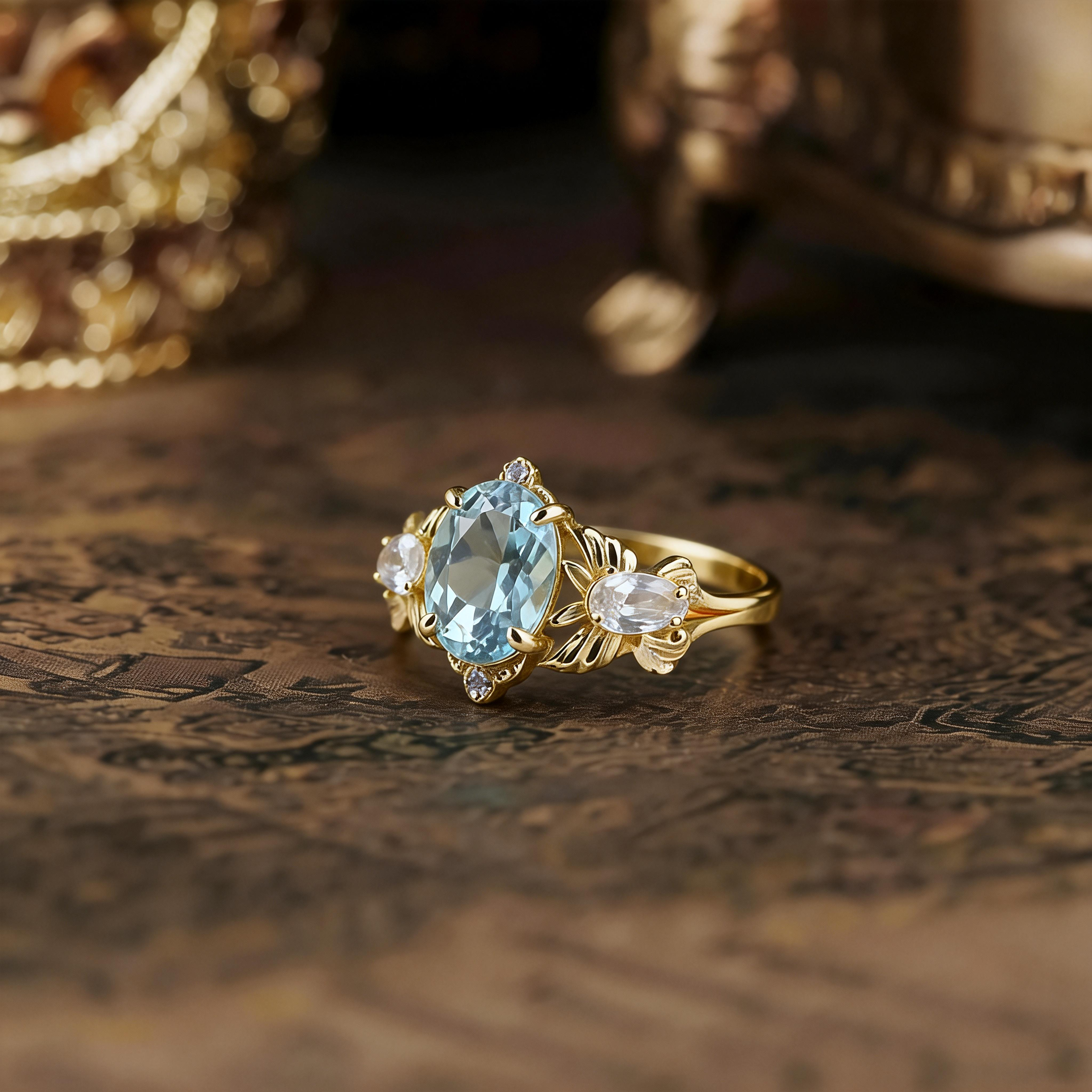 Natural Blue Topaz Ring for Women, Luxury Butterfly Band, 925 Sterling Silver Gold Plated, Heavy Craftsmanship High-End Ring