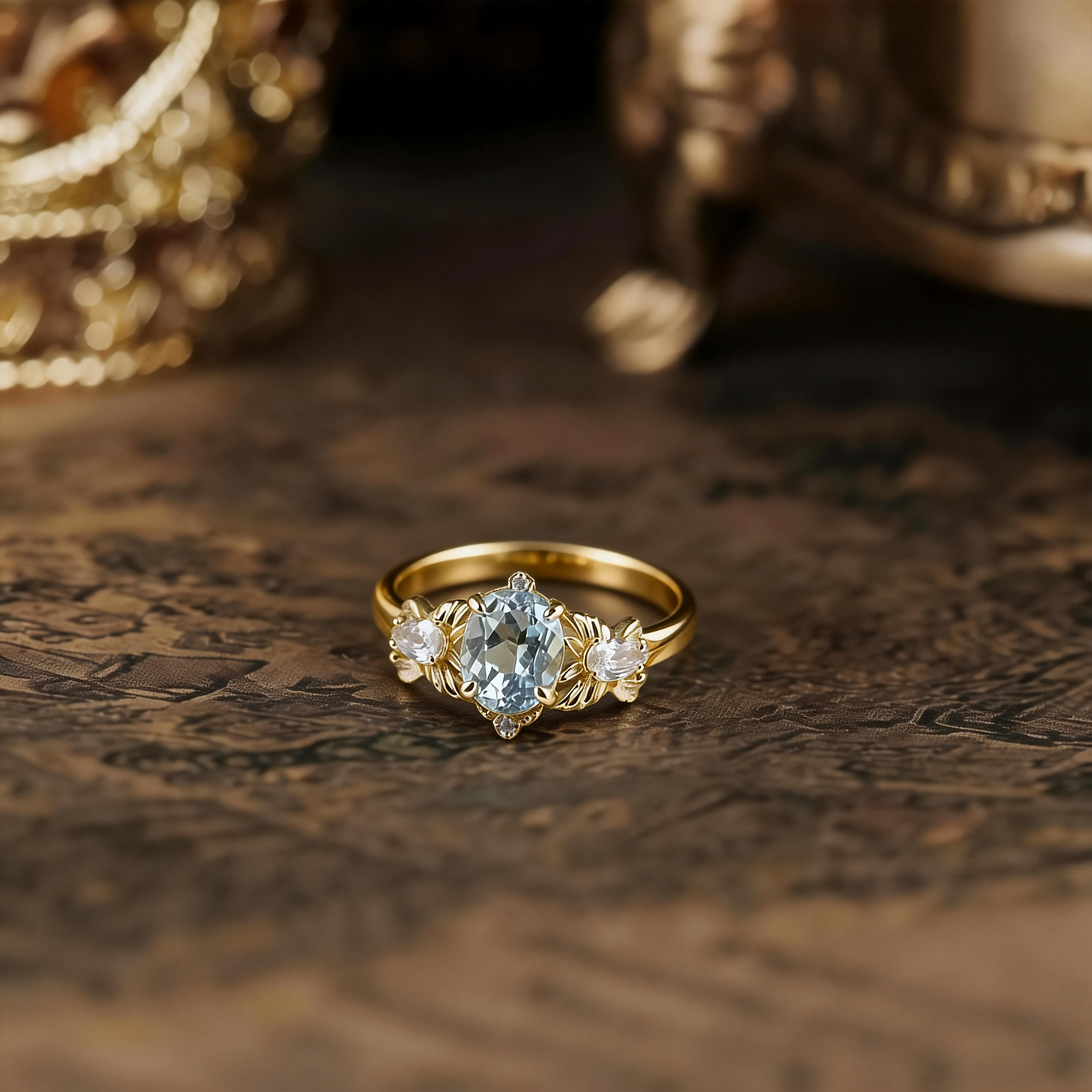 Natural Blue Topaz Ring for Women, Luxury Butterfly Band, 925 Sterling Silver Gold Plated, Heavy Craftsmanship High-End Ring