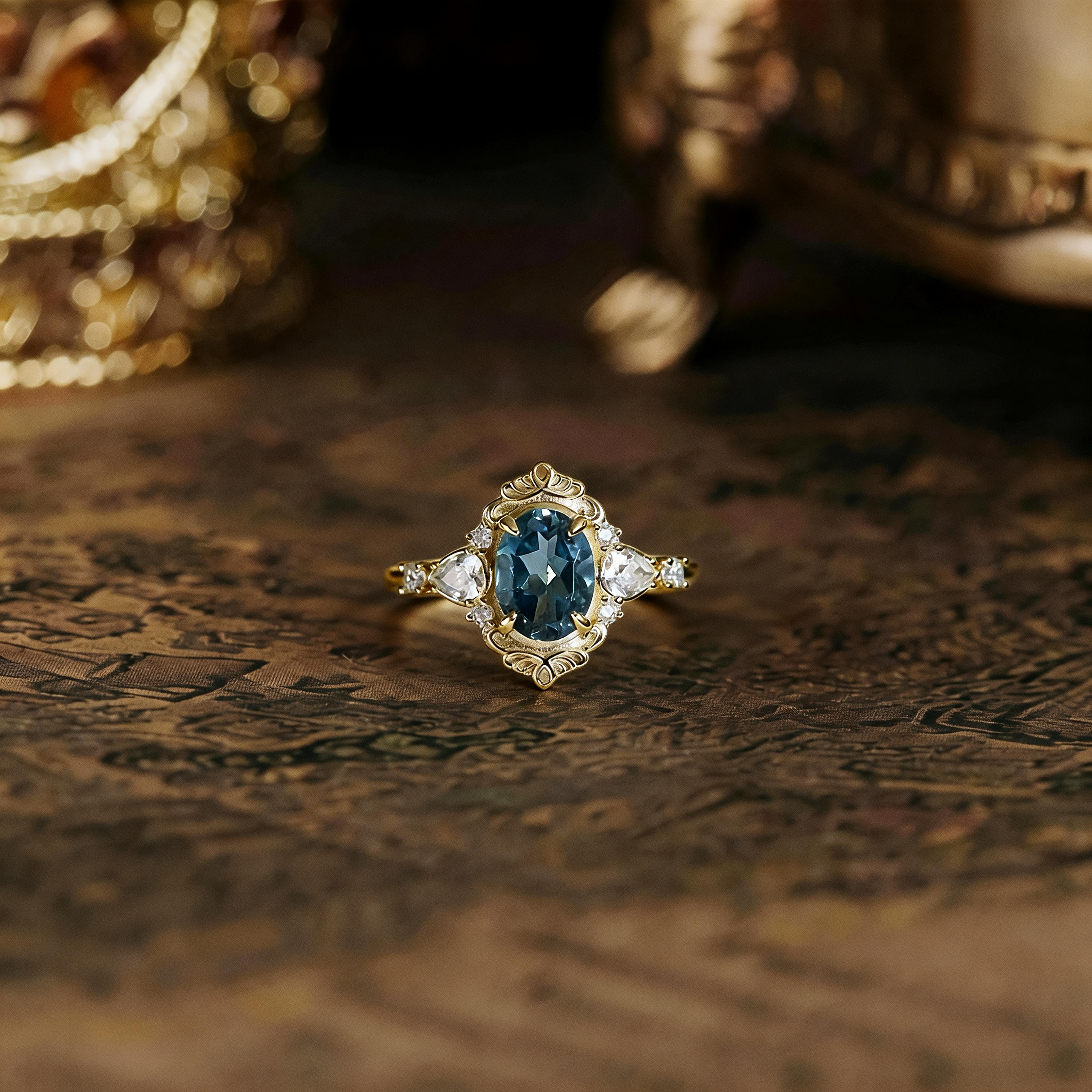 Fashion Light Luxury London Blue Topaz Ring, S925 Sterling Silver Plated 14K Gold Ring for Women