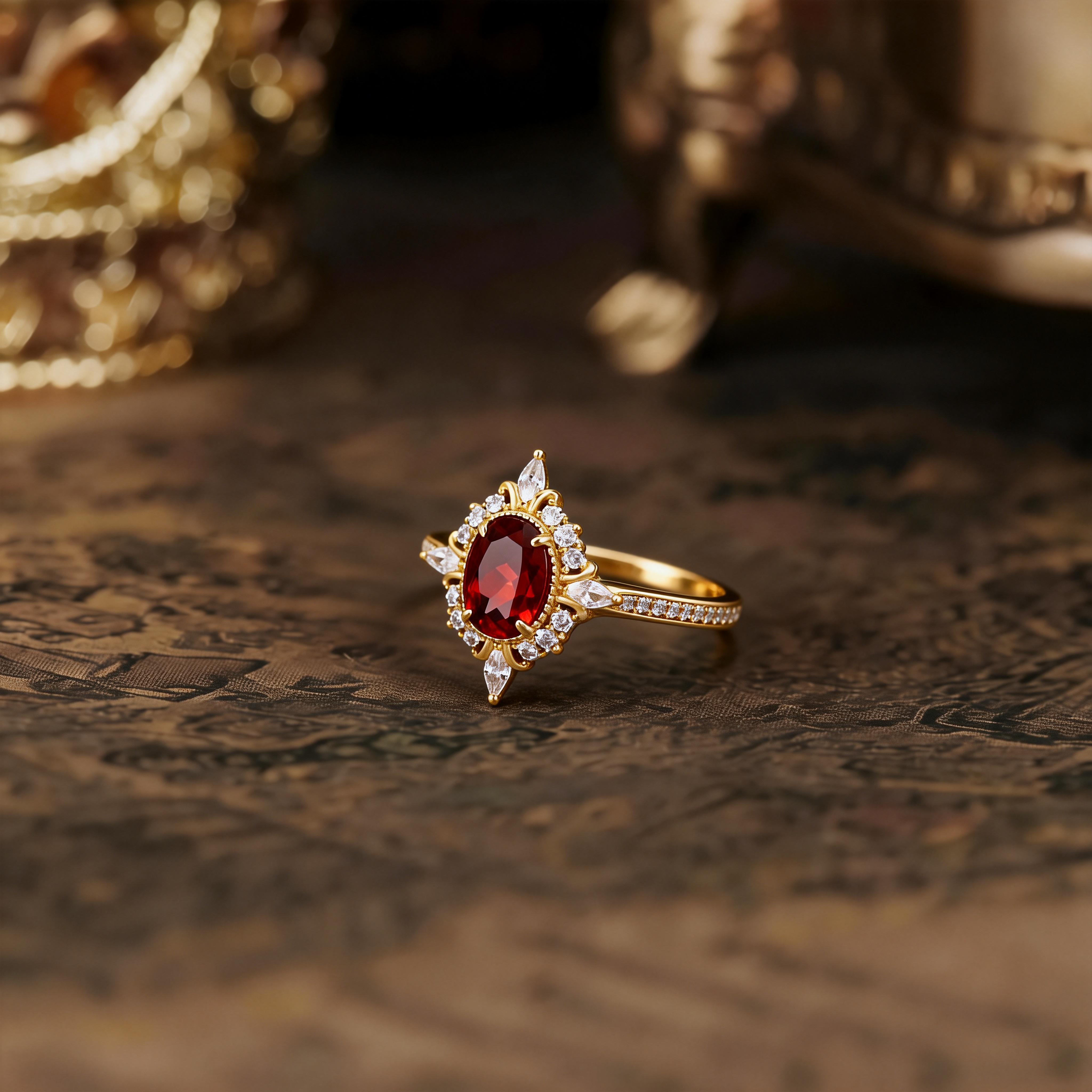 Unique High-end Geometric Jewelry for Women, Natural Garnet & Vintage Zircon Ring, 925 Sterling Silver Gold Plated Ring