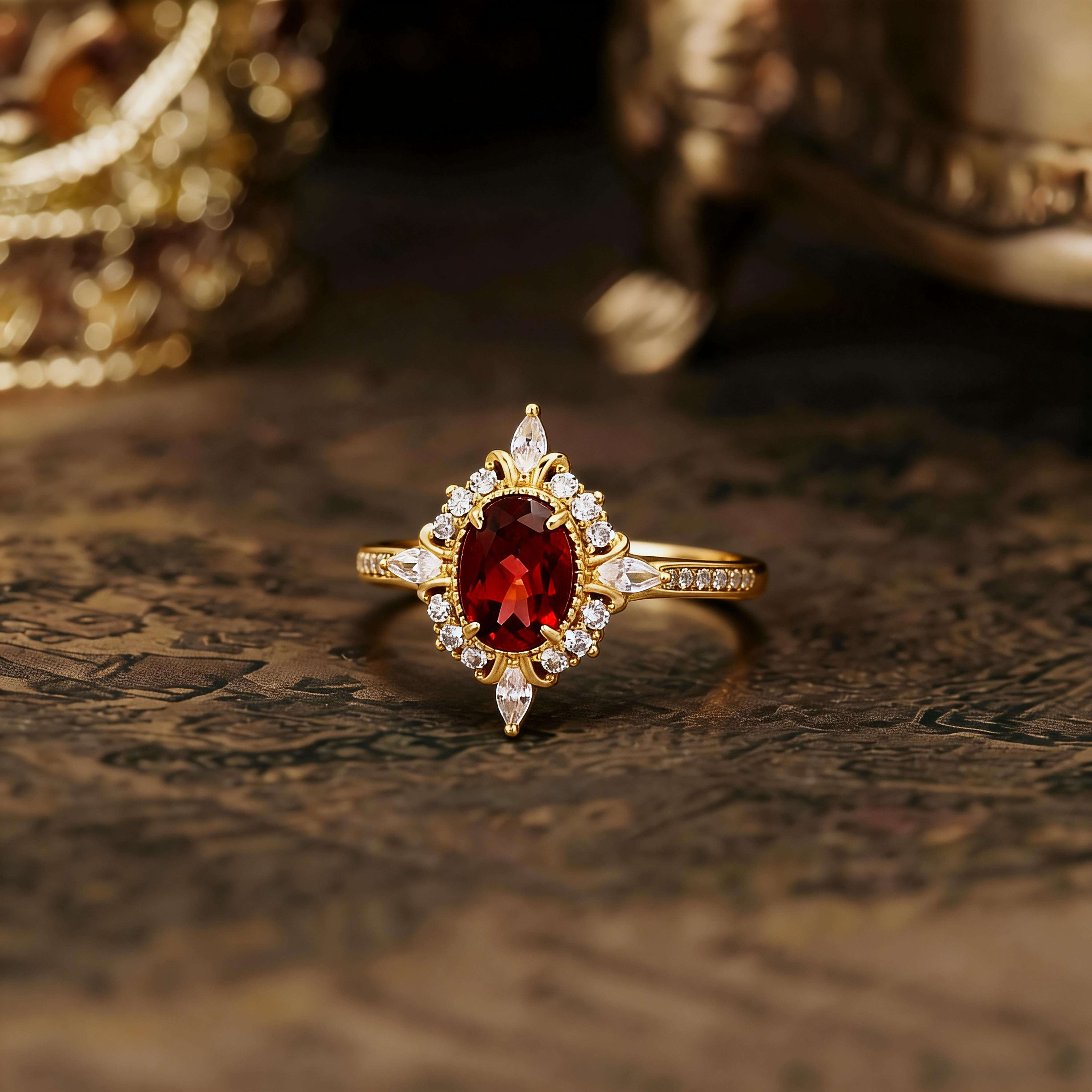 Unique High-end Geometric Jewelry for Women, Natural Garnet & Vintage Zircon Ring, 925 Sterling Silver Gold Plated Ring