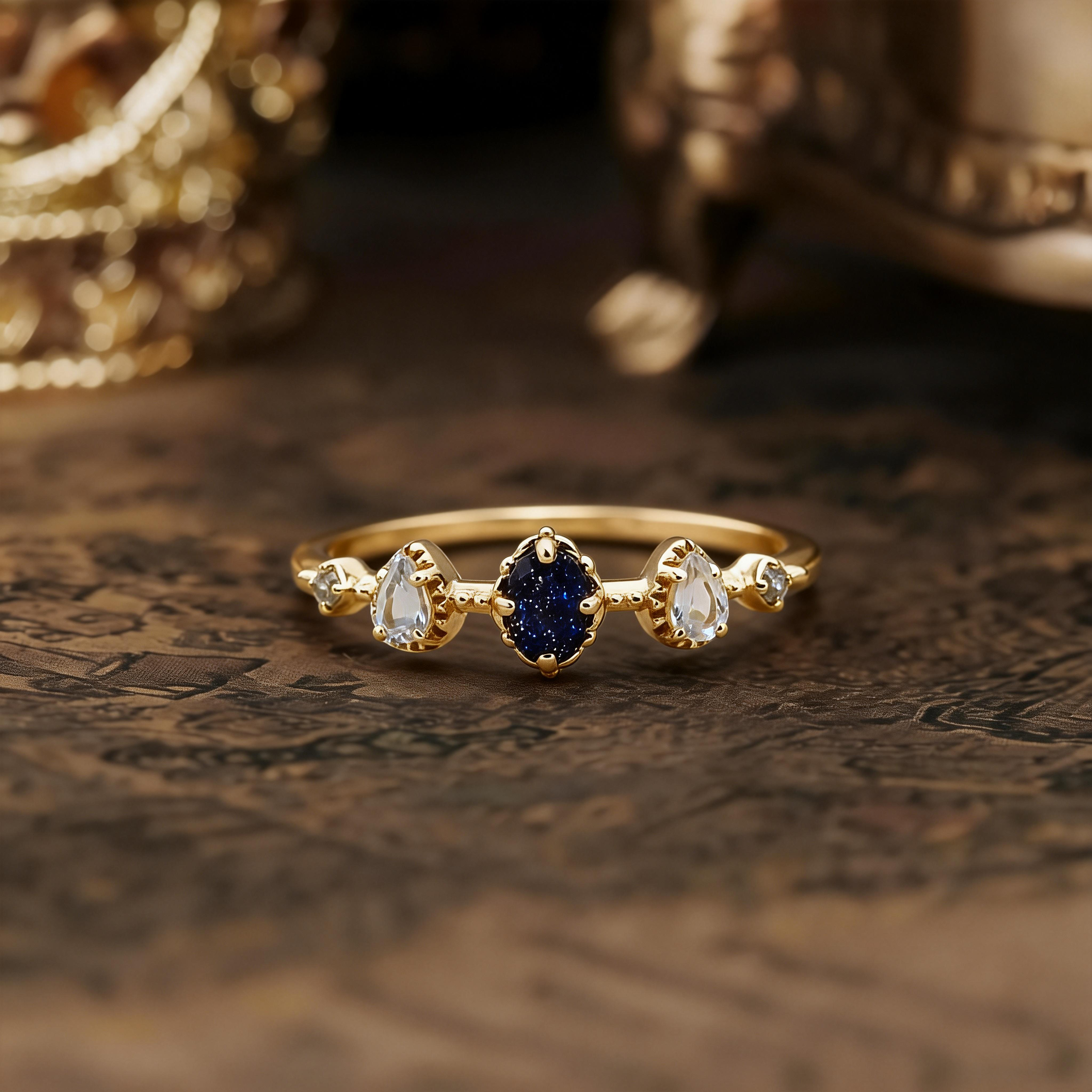 Delicate Blue Sandstone & Natural Topaz Ring, Solid 925 Sterling Silver Gold Plated Jewelry, Versatile & Stackable